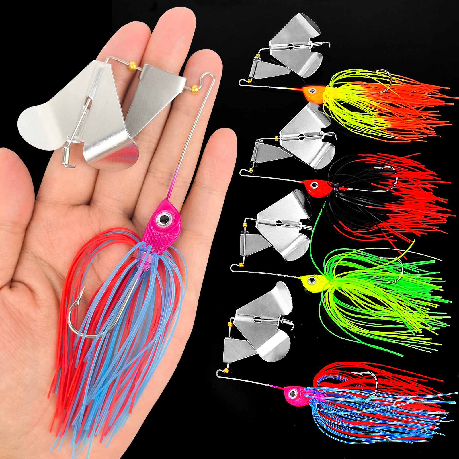 FREE FISHER Fishing Spinnerbait Jigs Lure for Bass Pike,10cm 17g 3D Fish Eyes Blade Buzzbaits,Double Prop Propeller Buzz Sequins 0.6oz(Pack of 4,5)