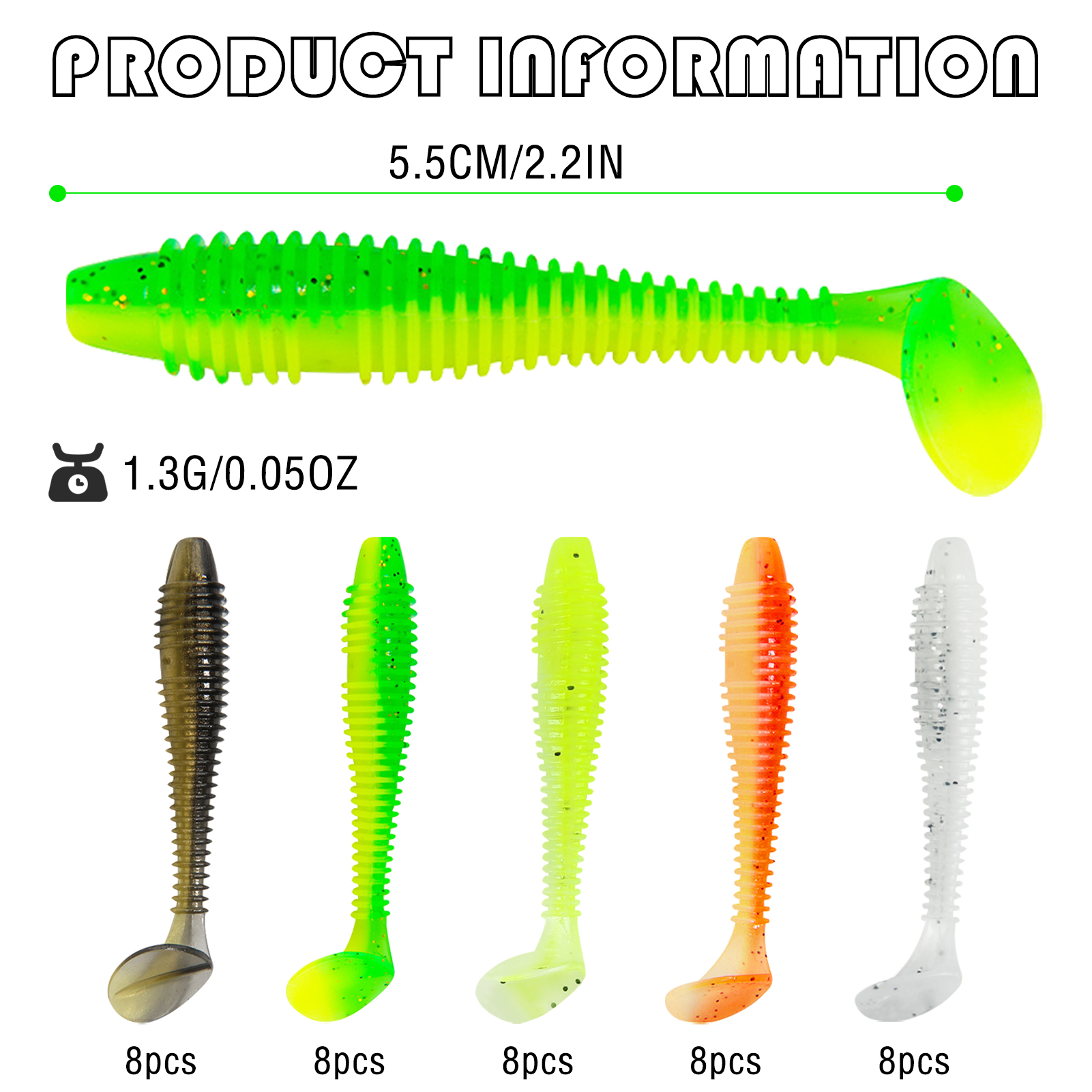 FREE FISHER Fishing Worm Lures Kit,40pcs/Box Soft Maggot Baits,Thread T-Tail Fishing Grubs,Freshwater Saltwater 5.5cm/1.3g Swimbaits for Trout Bass