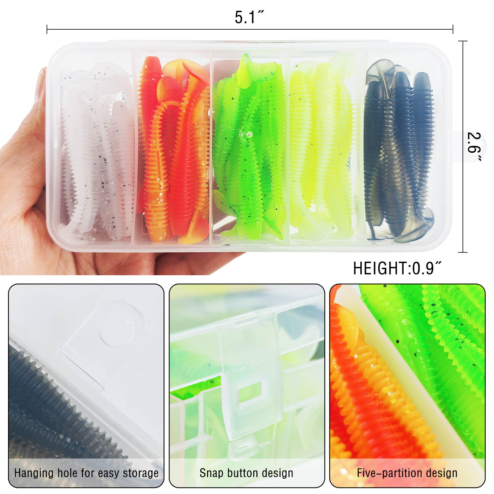 FREE FISHER Fishing Worm Lures Kit,40pcs/Box Soft Maggot Baits,Thread T-Tail Fishing Grubs,Freshwater Saltwater 5.5cm/1.3g Swimbaits for Trout Bass