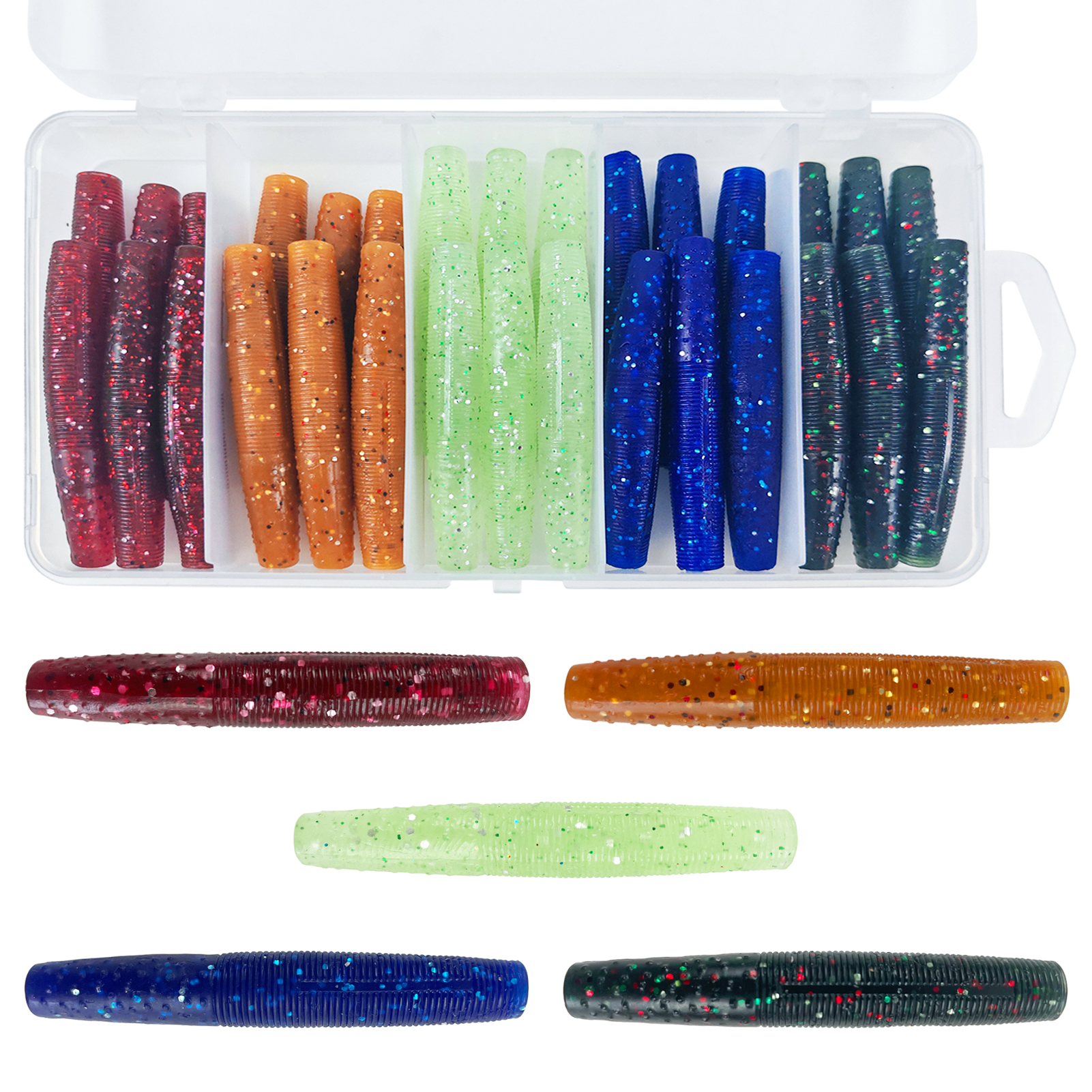 FREE FISHER 30pcs/Box Fishing Wacky Worms Lures,6.5cm 4.3g Soft Stick Baits,Ned Rig Worm Baits,Crawfish Shroom Lures for Bass