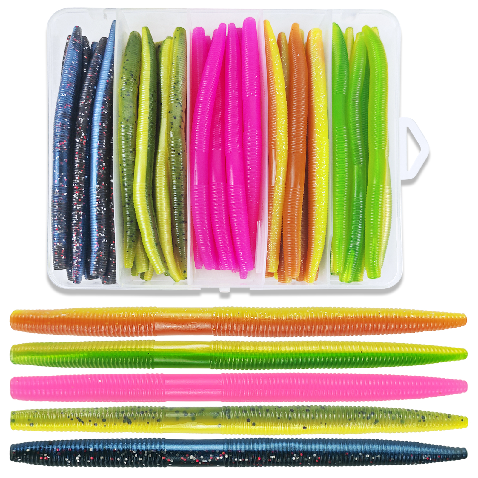 FREE FISHER Wacky Worms Lures Kit,50pcs/Box Soft Stick Baits,14cm 8g Fishing Soft Grub Lures,Swimbaits for Freshwater Saltwater 