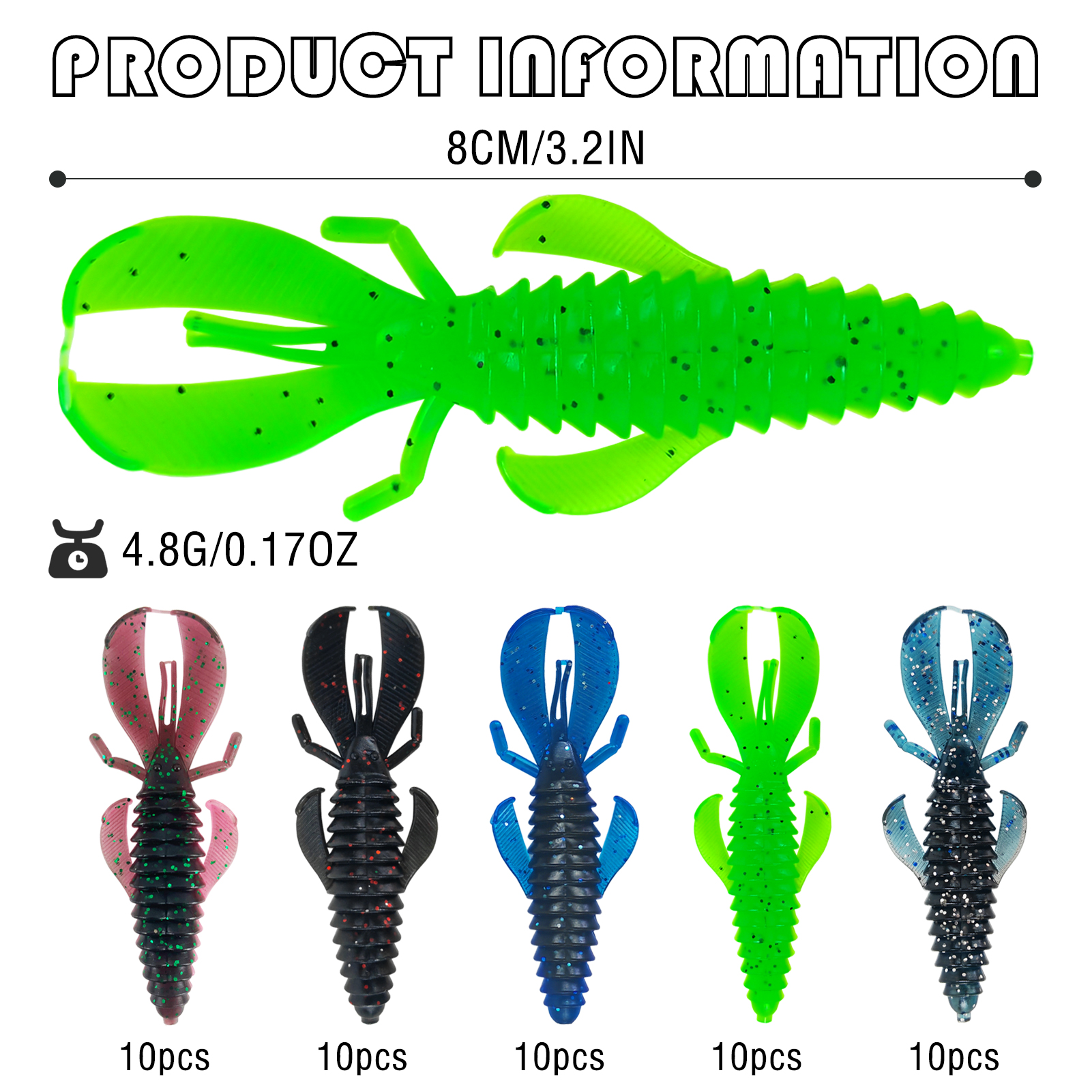 FREE FISHER Fish Soft Lures,8cm 4.8g Bobby Fatty Craw,Wooly Bug Creature Baits,Trolling Fishing Crawfish Wobbles Grub Shrimps(Pack of 60)