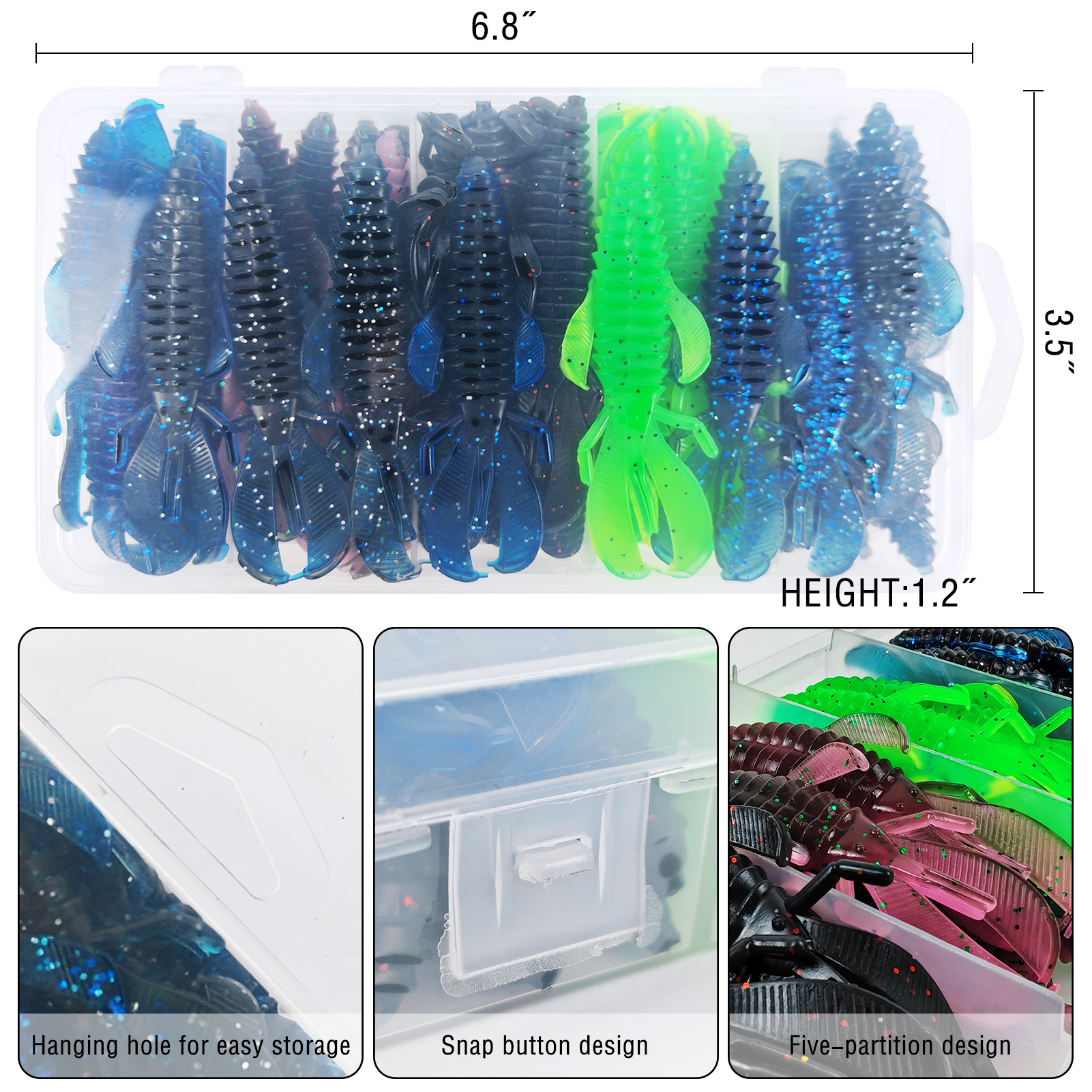 FREE FISHER Fish Soft Lures,8cm 4.8g Bobby Fatty Craw,Wooly Bug Creature Baits,Trolling Fishing Crawfish Wobbles Grub Shrimps(Pack of 60)