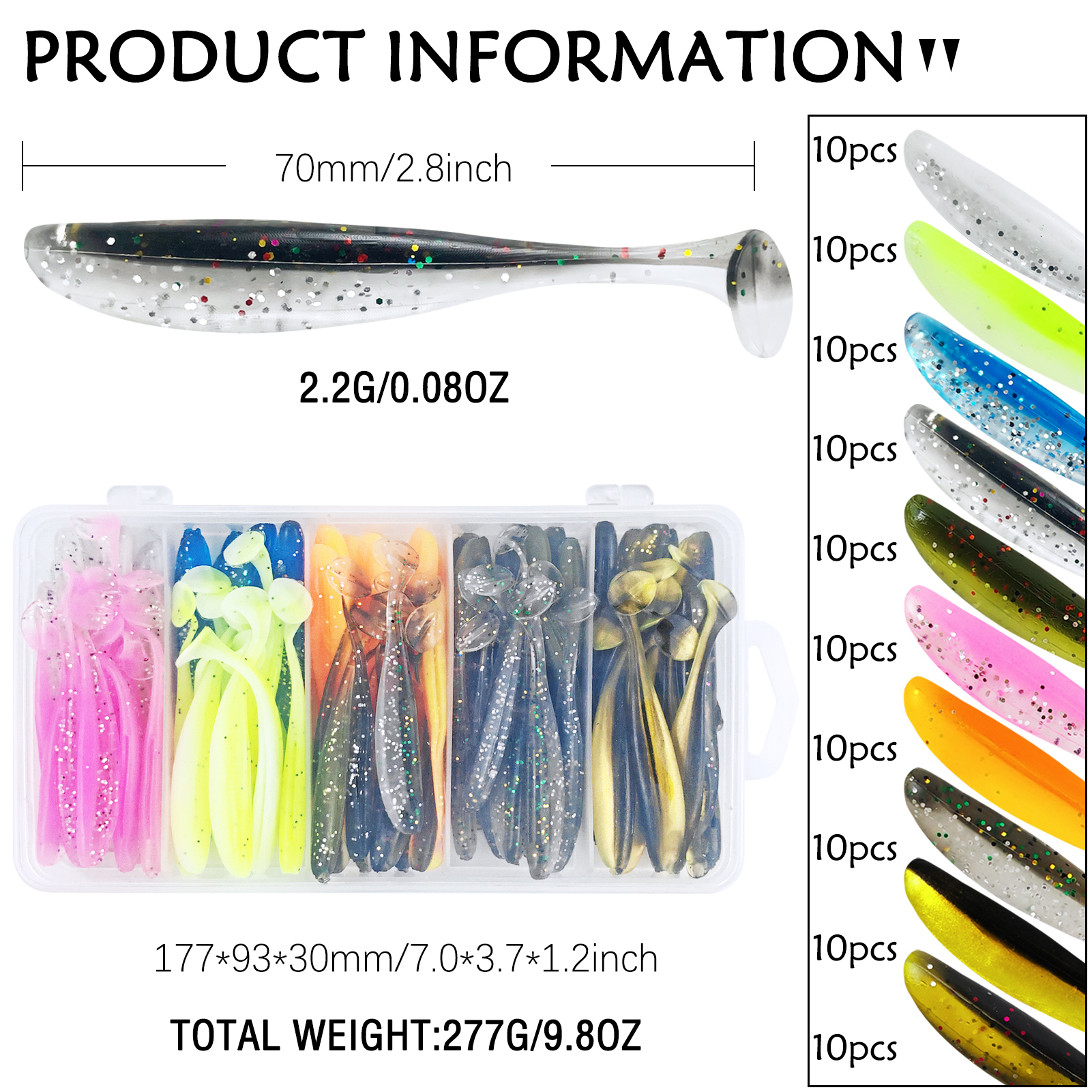 FREE FISHER 100pcs/Box Fishing Soft Plastic Lures,Paddle Tail Swimbaits,2.8in 0.08oz Fishing Baits for for Bass Trout Walleye