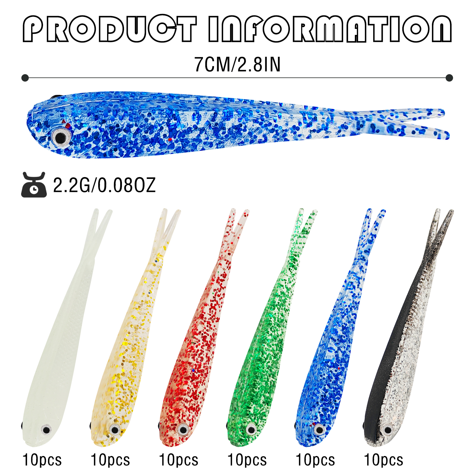 FREE FISHER Fishing Soft Plastic Baits,60pcs/Lot Forktail Swimbaits,70mm 2.2g Fishing Bait,3D Fish Eye Shad Lures for Bass/Trout