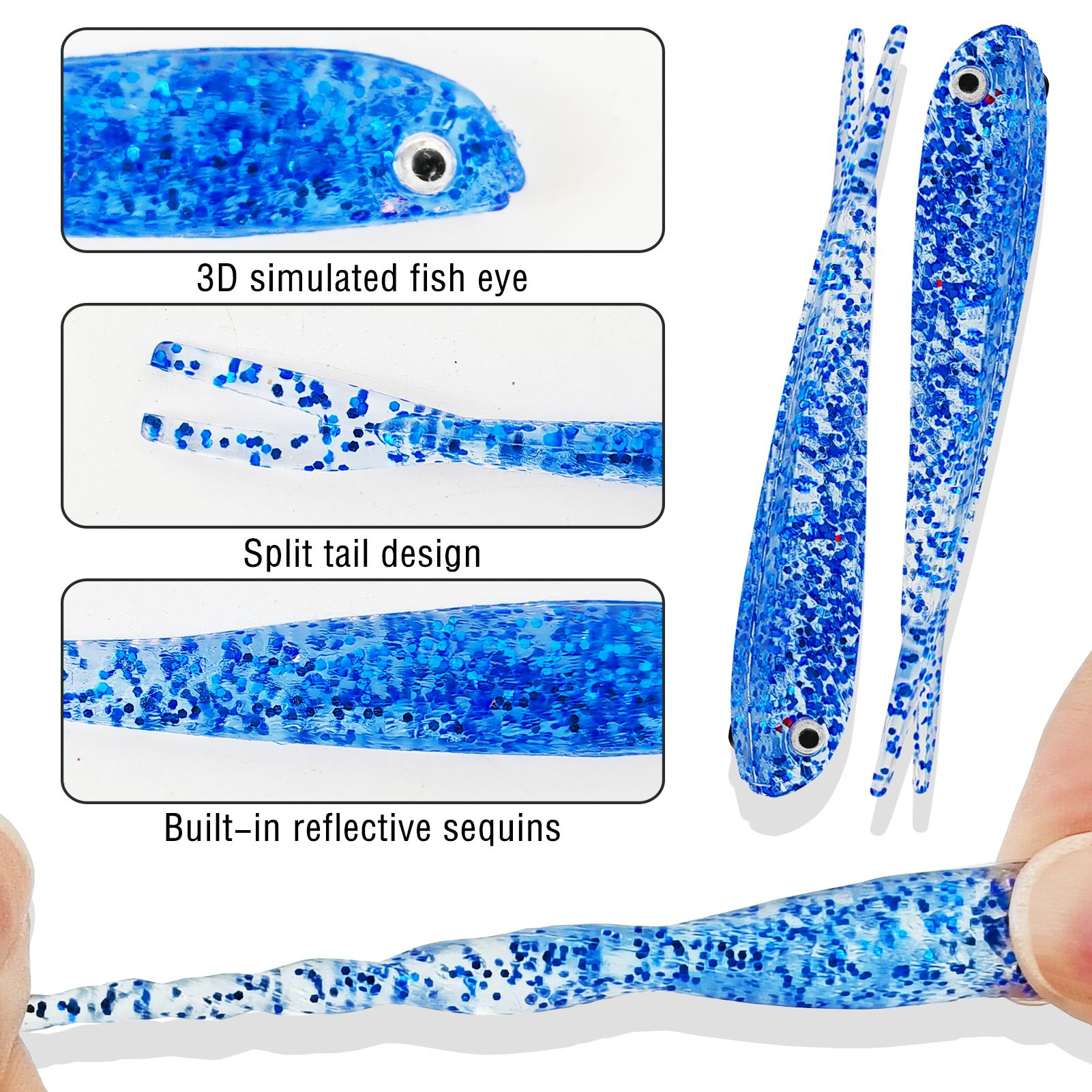 FREE FISHER Fishing Soft Plastic Baits,60pcs/Lot Forktail Swimbaits,70mm 2.2g Fishing Bait,3D Fish Eye Shad Lures for Bass/Trout