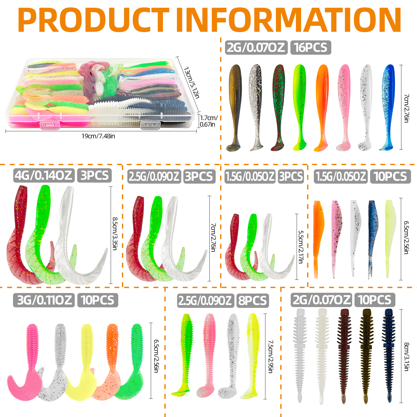 FREE FISHER 64pcs/Lot Fishing Soft Lures Kit,Worm Grubs Baits,Tail Swimbaits,Fishing Tackle Gear Box for Freshwater/Saltwater