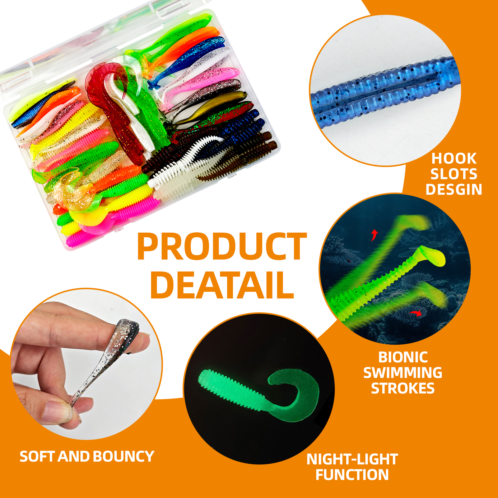 FREE FISHER 64pcs/Lot Fishing Soft Lures Kit,Worm Grubs Baits,Tail Swimbaits,Fishing Tackle Gear Box for Freshwater/Saltwater