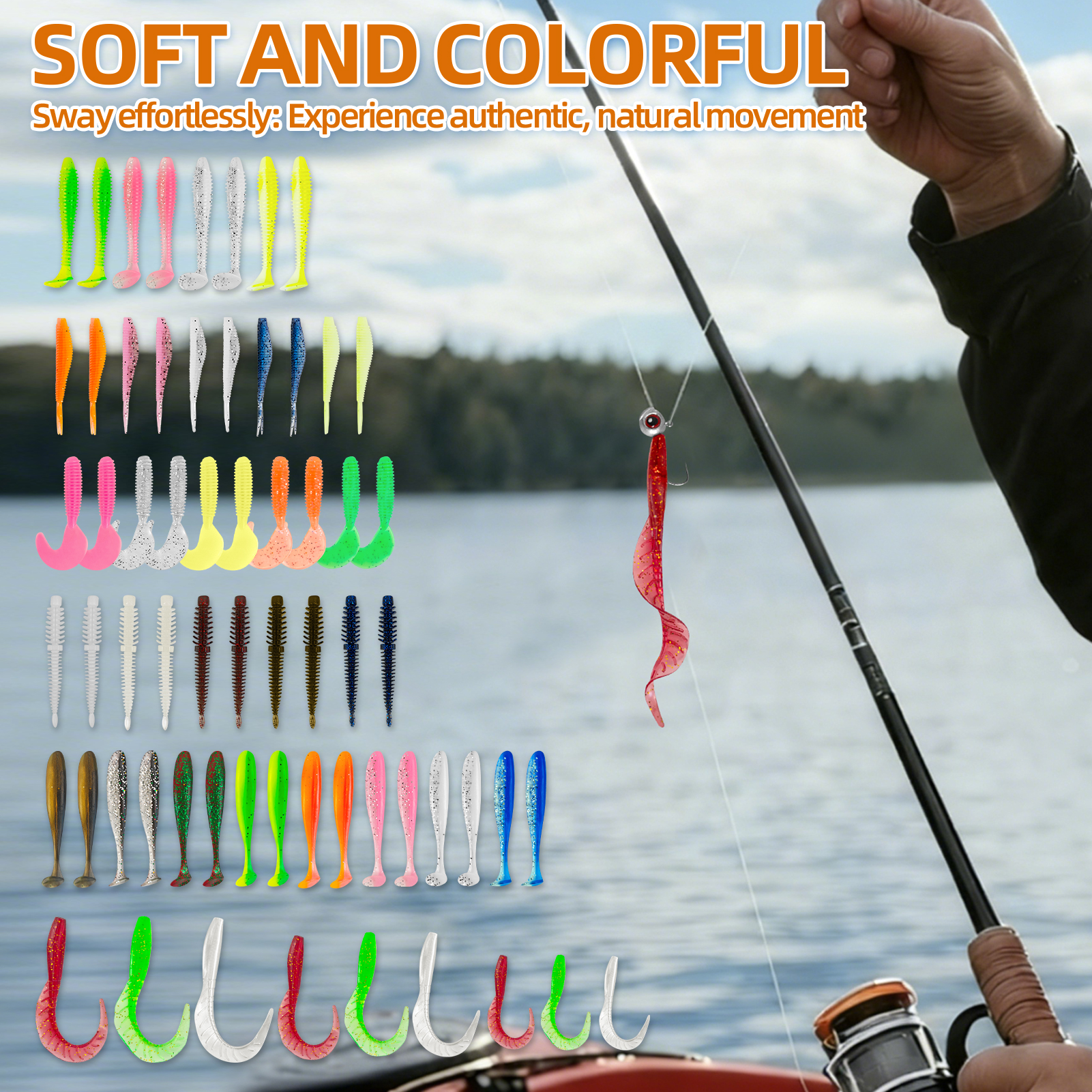 FREE FISHER 64pcs/Lot Fishing Soft Lures Kit,Worm Grubs Baits,Tail Swimbaits,Fishing Tackle Gear Box for Freshwater/Saltwater