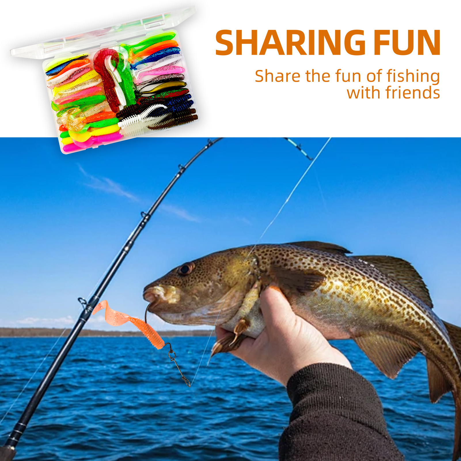 FREE FISHER 64pcs/Lot Fishing Soft Lures Kit,Worm Grubs Baits,Tail Swimbaits,Fishing Tackle Gear Box for Freshwater/Saltwater