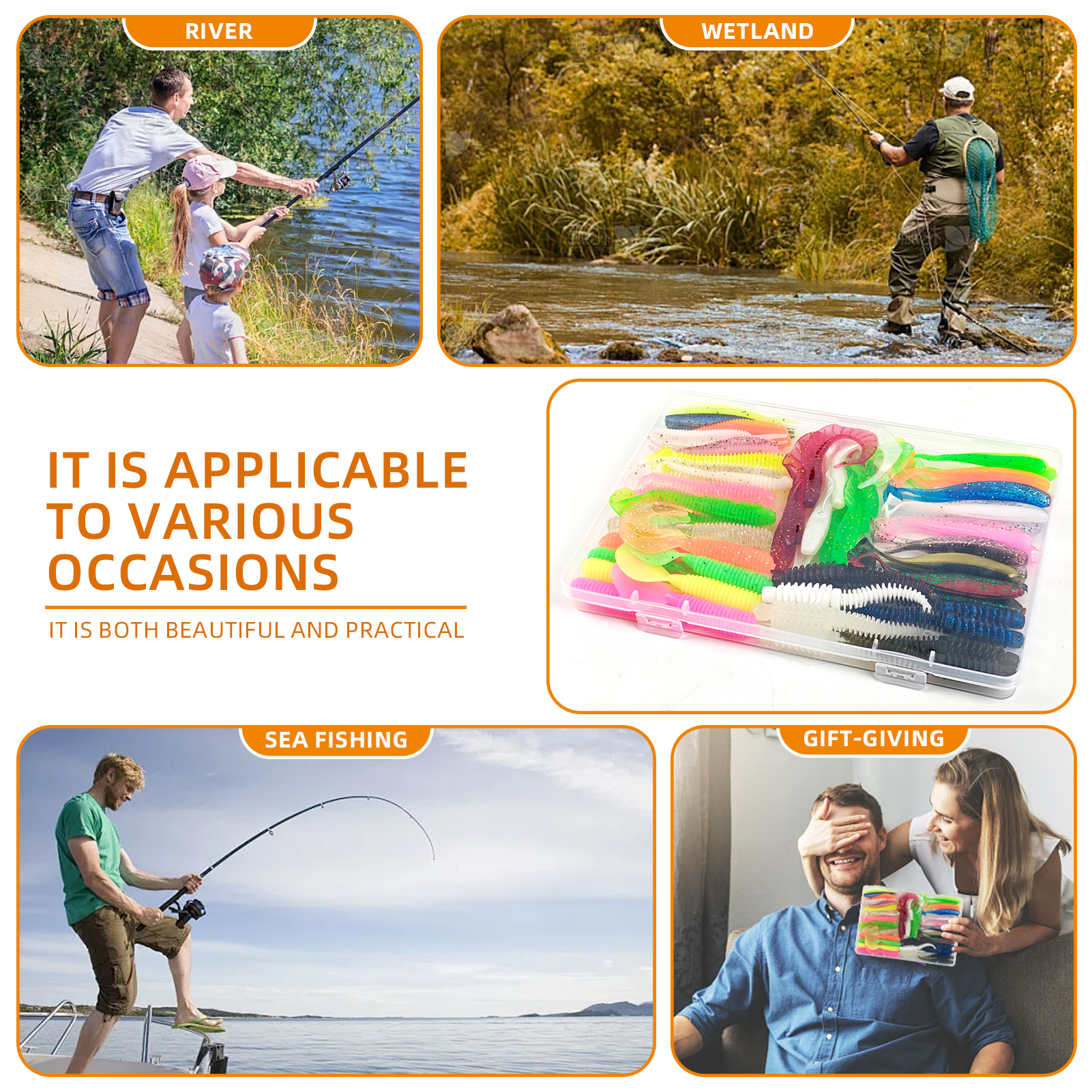 FREE FISHER 64pcs/Lot Fishing Soft Lures Kit,Worm Grubs Baits,Tail Swimbaits,Fishing Tackle Gear Box for Freshwater/Saltwater