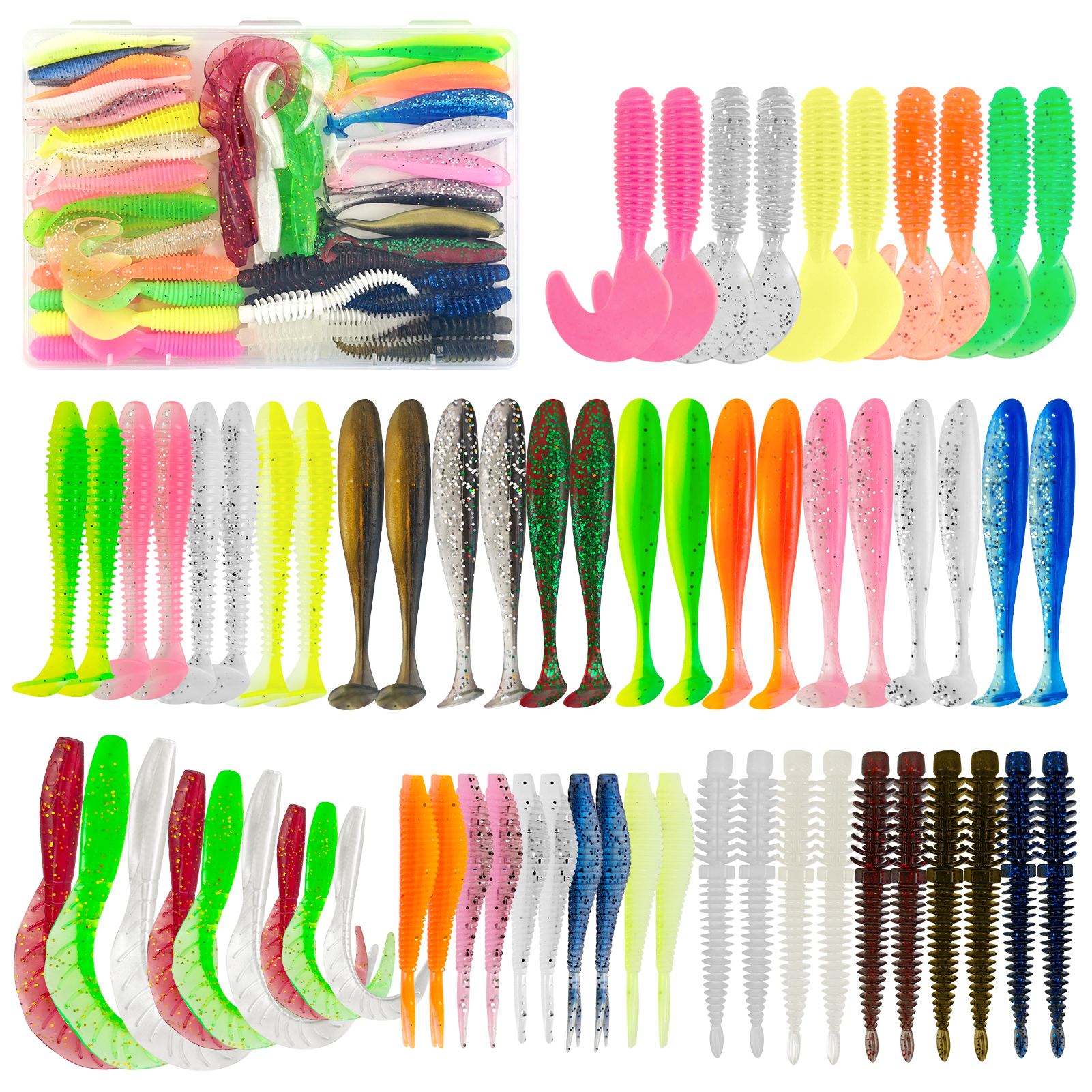 FREE FISHER 64pcs/Lot Fishing Soft Lures Kit,Worm Grubs Baits,Tail Swimbaits,Fishing Tackle Gear Box for Freshwater/Saltwater