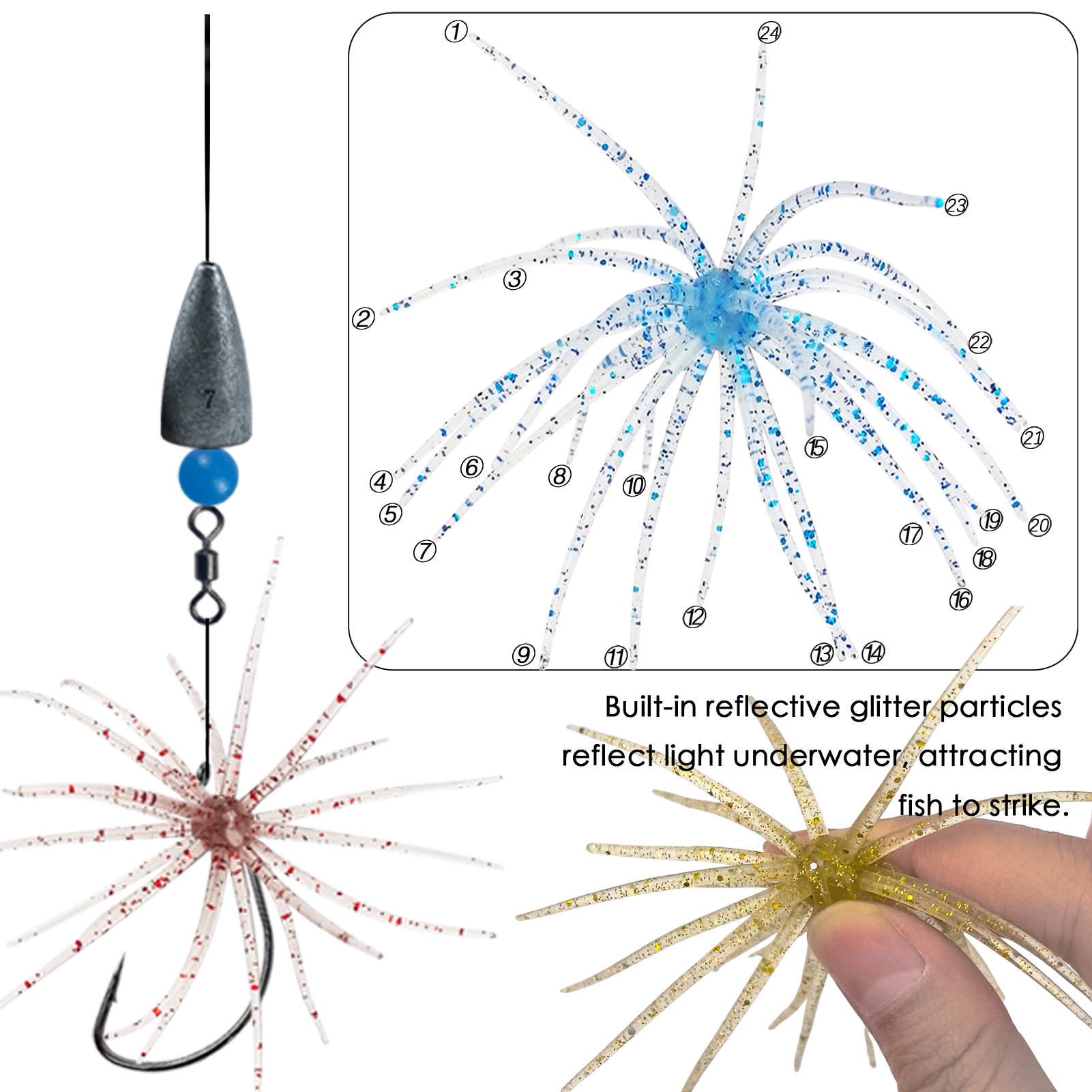 FREE FISHER Fishing Sea Urchin Baits Kit,TPE Floating Soft Fuzzy Lures,5cm/9cm/11cm/13cm Dice Artificial Creature Lures for Trout/Bass 