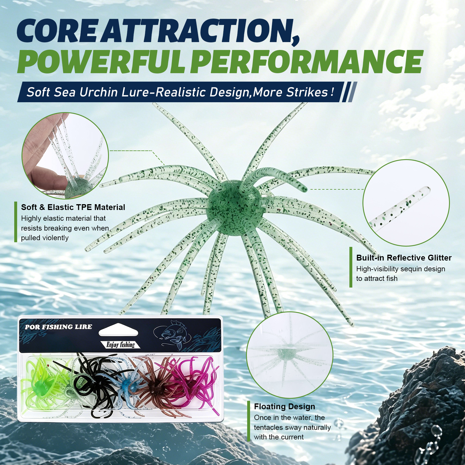FREE FISHER Sea Urchin Bait,TPE Floating Fishing Lures,10.5cm 9g Dice Artificial Lure,13.5cm 17g Creature Baits for Wacky/Neko Rigs