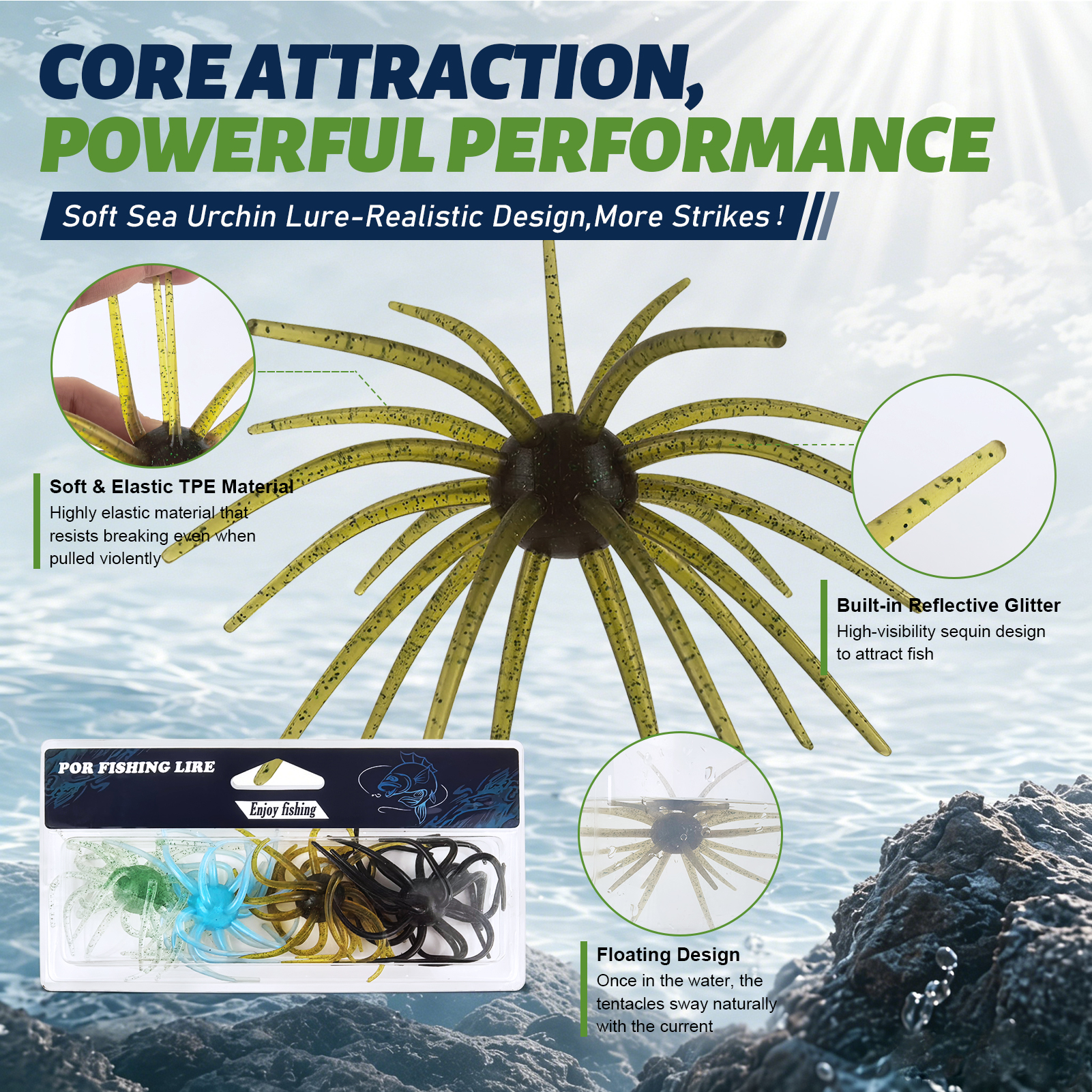 FREE FISHER Sea Urchin Bait,TPE Floating Fishing Lures,10.5cm 9g Dice Artificial Lure,13.5cm 17g Creature Baits for Wacky/Neko Rigs