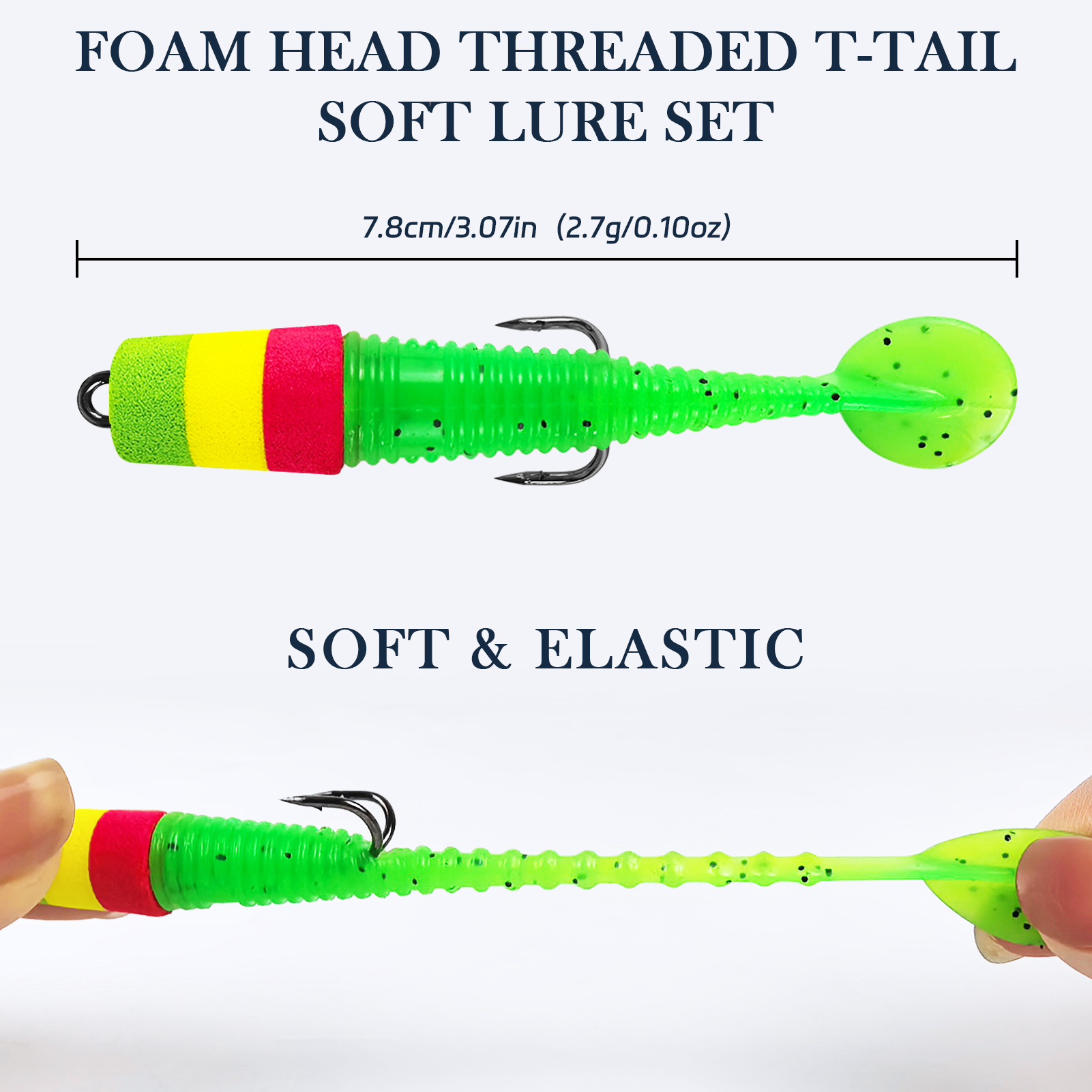 FREE FISHER 10pcs/Lot Pre-Rigged Soft Jig Lures,Foam Head T-Tail Swimbaits,7.8cm 2.7g Threaded Body Double Hook Fishing Lures