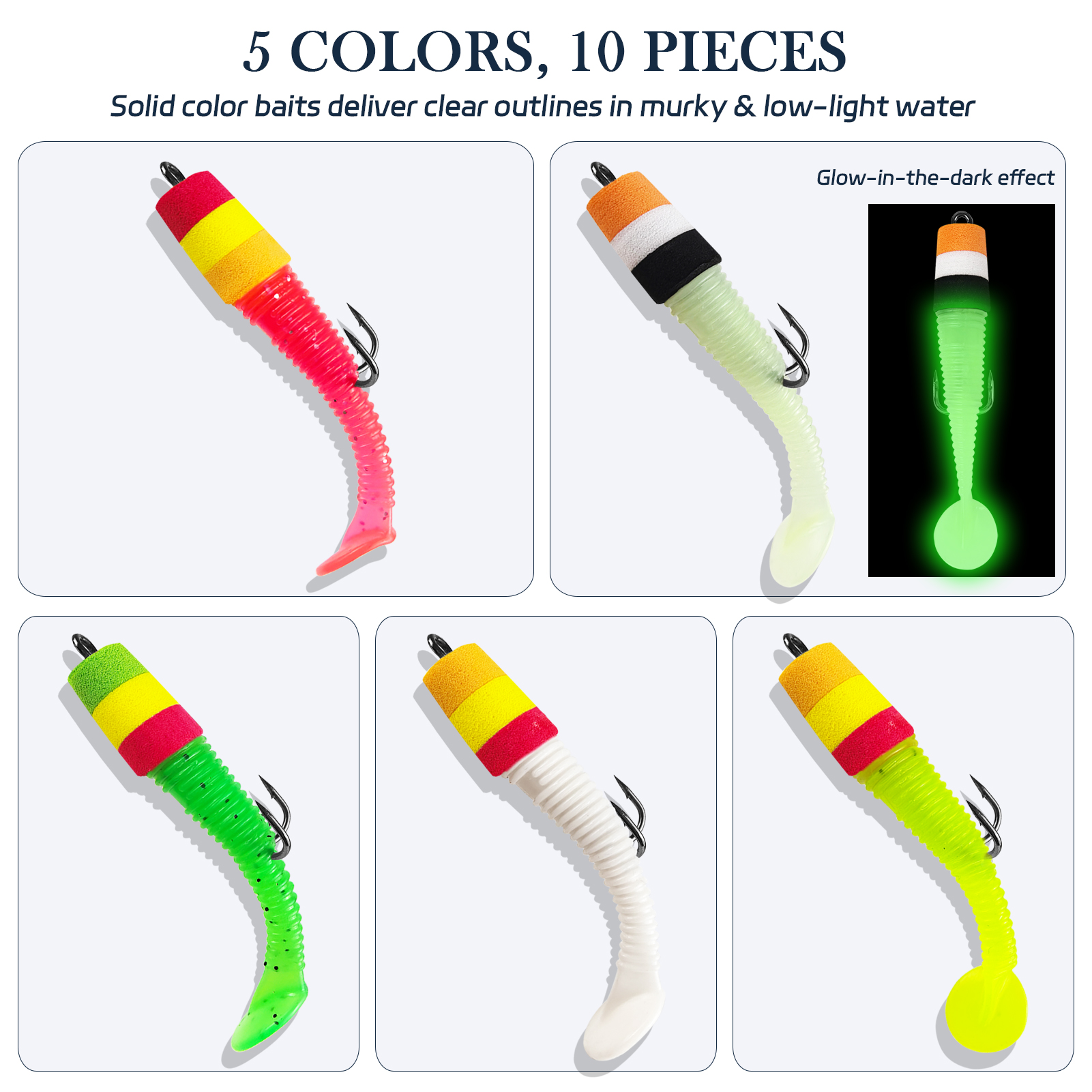 FREE FISHER 10pcs/Lot Pre-Rigged Soft Jig Lures,Foam Head T-Tail Swimbaits,7.8cm 2.7g Threaded Body Double Hook Fishing Lures