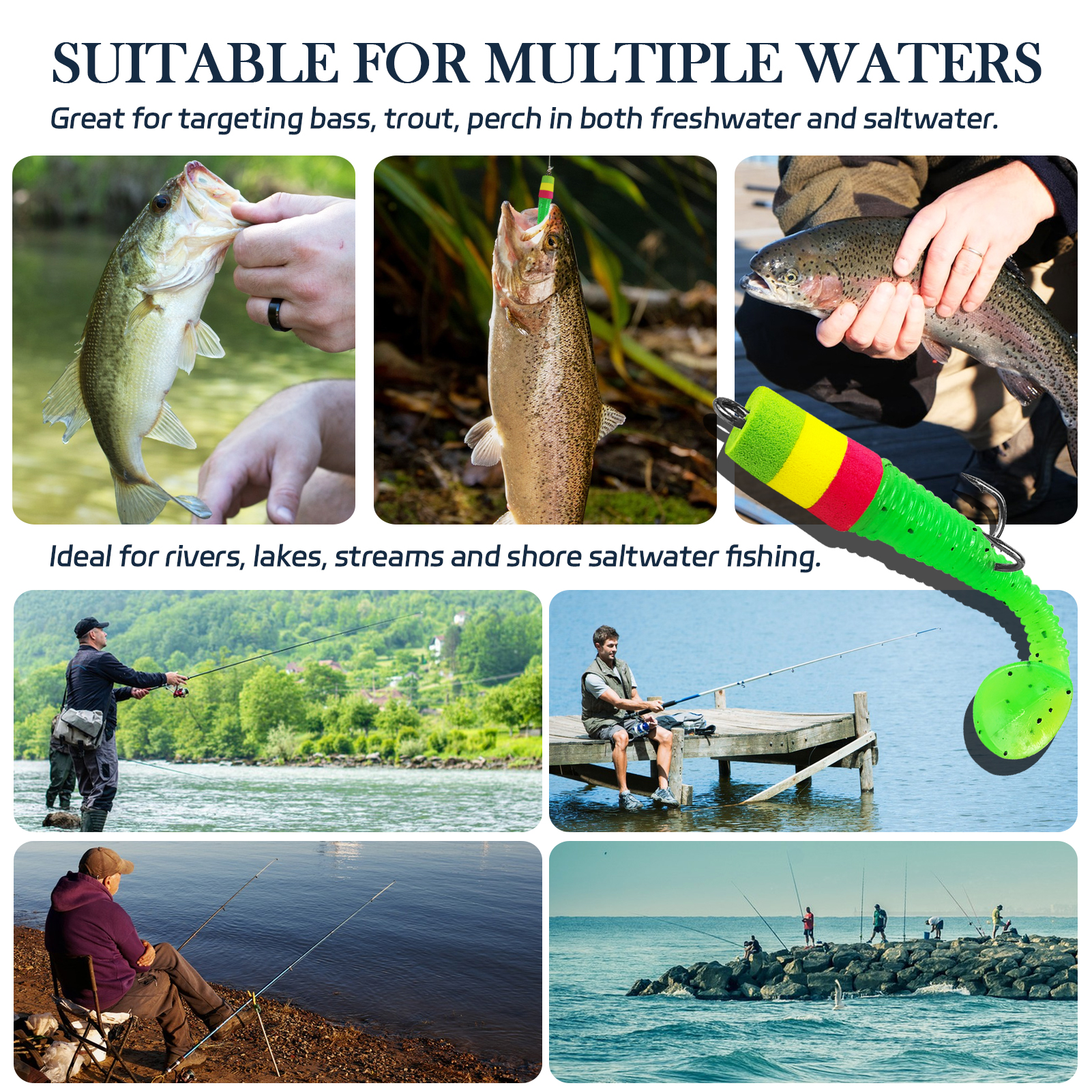 FREE FISHER 10pcs/Lot Pre-Rigged Soft Jig Lures,Foam Head T-Tail Swimbaits,7.8cm 2.7g Threaded Body Double Hook Fishing Lures