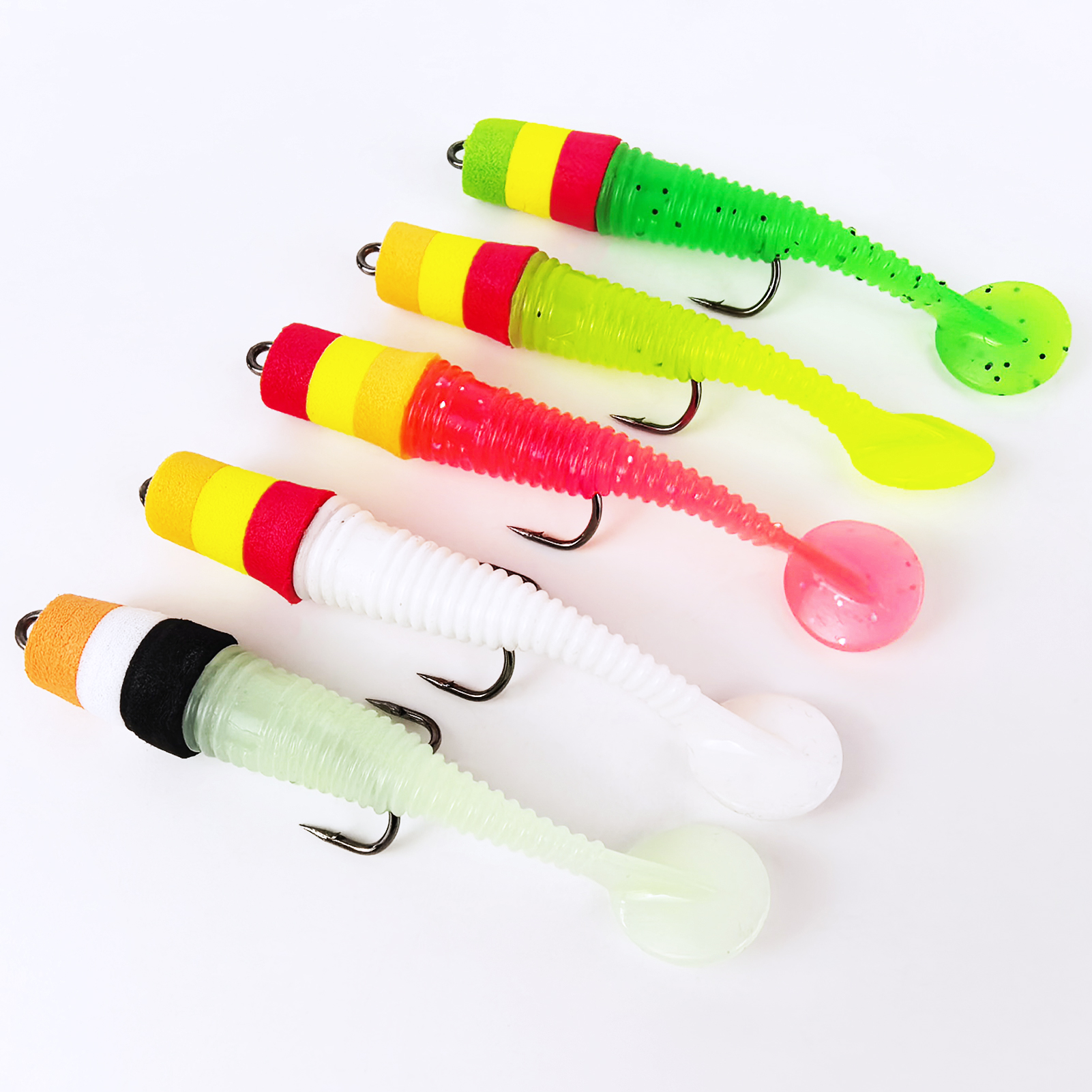 FREE FISHER 10pcs/Lot Pre-Rigged Soft Jig Lures,Foam Head T-Tail Swimbaits,7.8cm 2.7g Threaded Body Double Hook Fishing Lures
