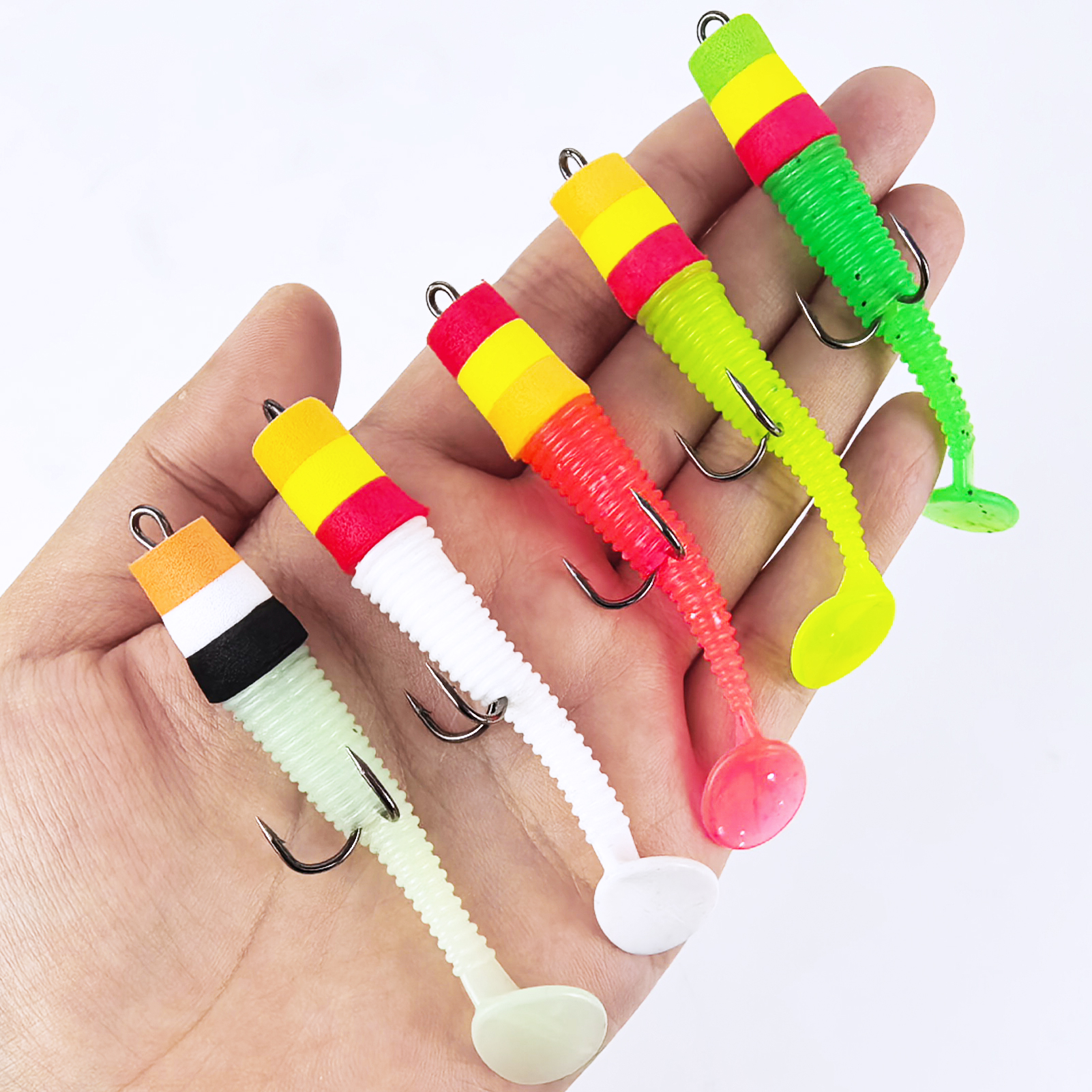 FREE FISHER 10pcs/Lot Pre-Rigged Soft Jig Lures,Foam Head T-Tail Swimbaits,7.8cm 2.7g Threaded Body Double Hook Fishing Lures