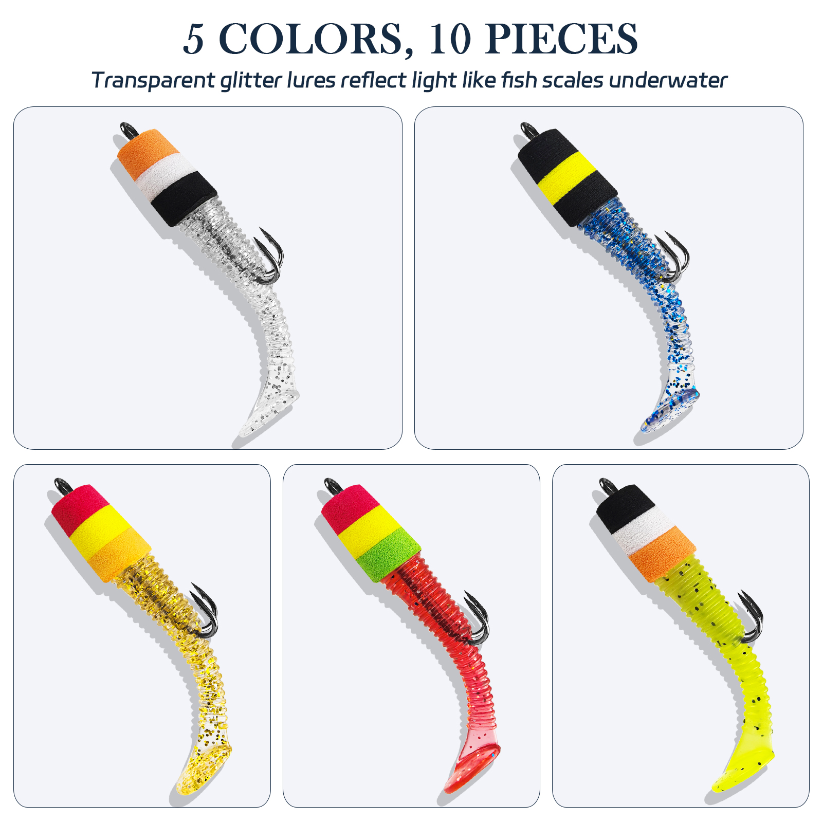 FREE FISHER 10pcs/Lot Pre-Rigged Soft Jig Lures,Foam Head T-Tail Swimbaits,7.8cm 2.7g Threaded Body Double Hook Fishing Lures
