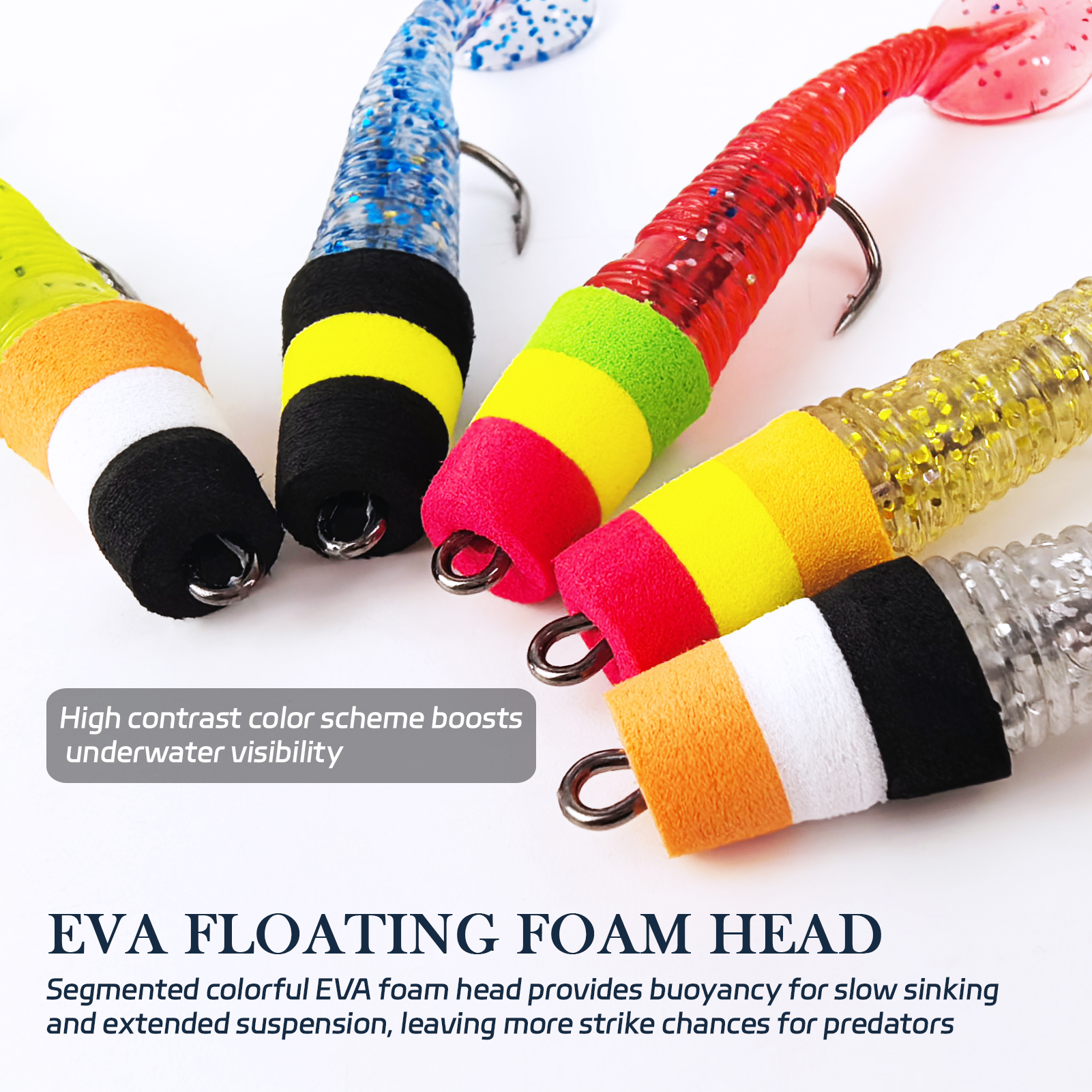 FREE FISHER 10pcs/Lot Pre-Rigged Soft Jig Lures,Foam Head T-Tail Swimbaits,7.8cm 2.7g Threaded Body Double Hook Fishing Lures
