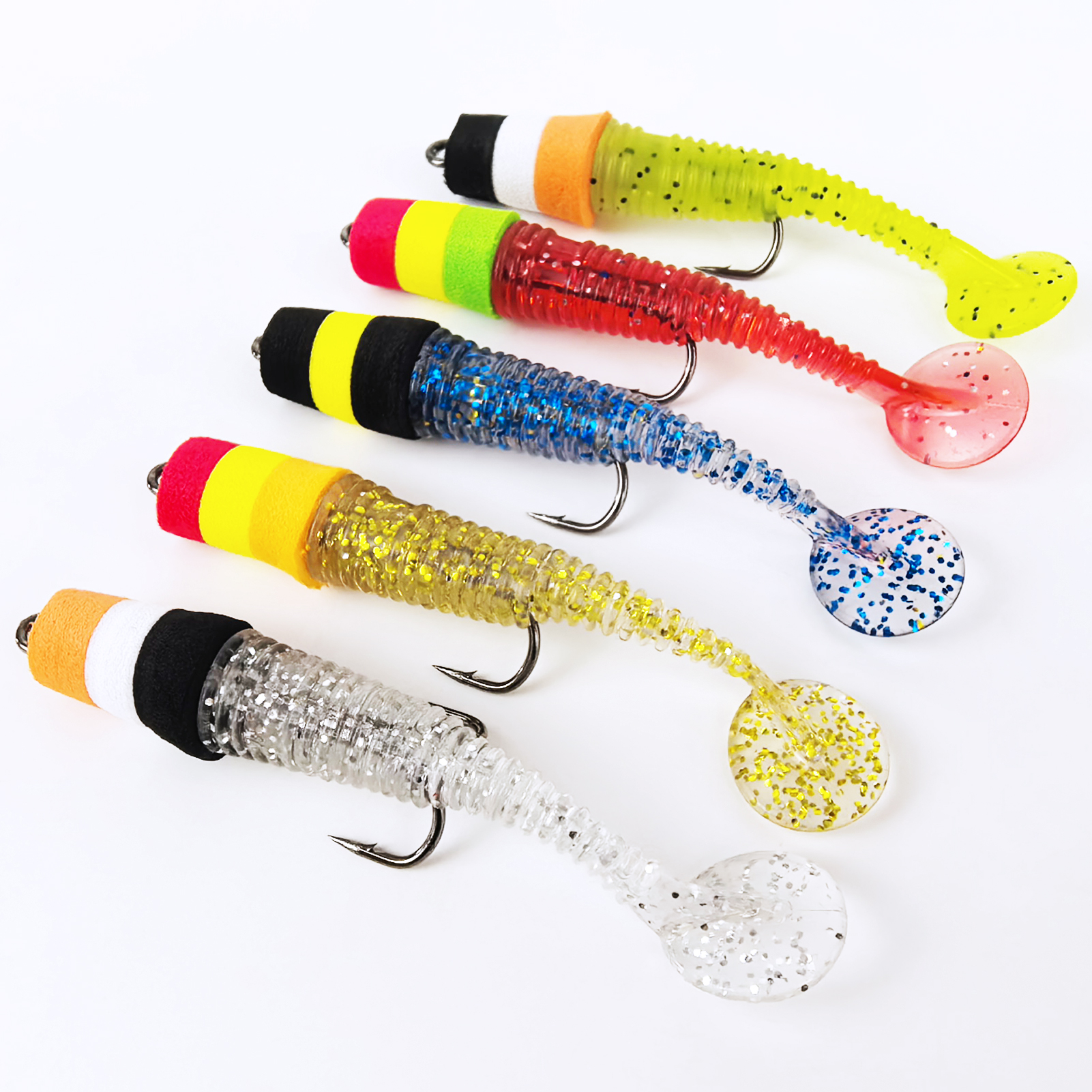 FREE FISHER 10pcs/Lot Pre-Rigged Soft Jig Lures,Foam Head T-Tail Swimbaits,7.8cm 2.7g Threaded Body Double Hook Fishing Lures