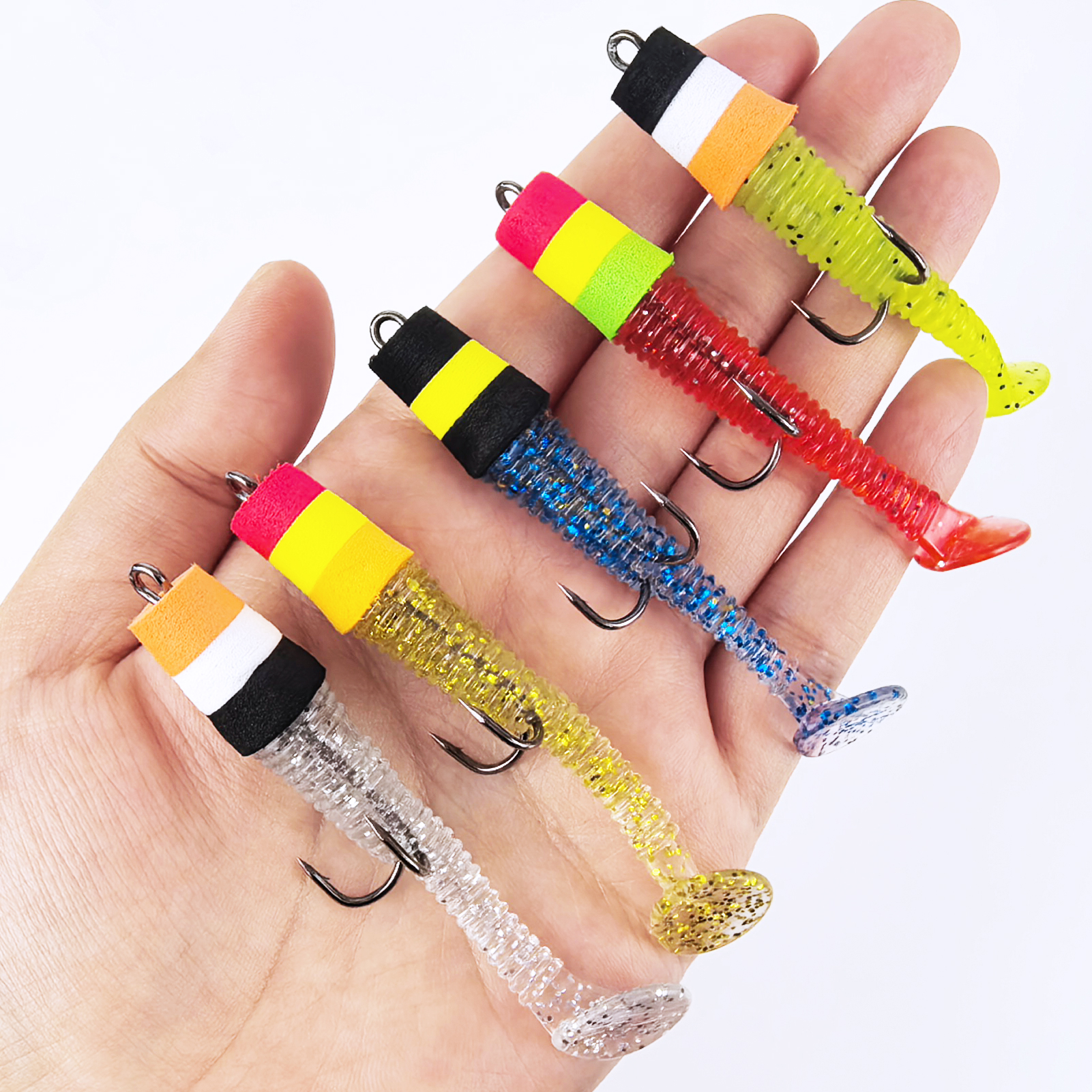 FREE FISHER 10pcs/Lot Pre-Rigged Soft Jig Lures,Foam Head T-Tail Swimbaits,7.8cm 2.7g Threaded Body Double Hook Fishing Lures