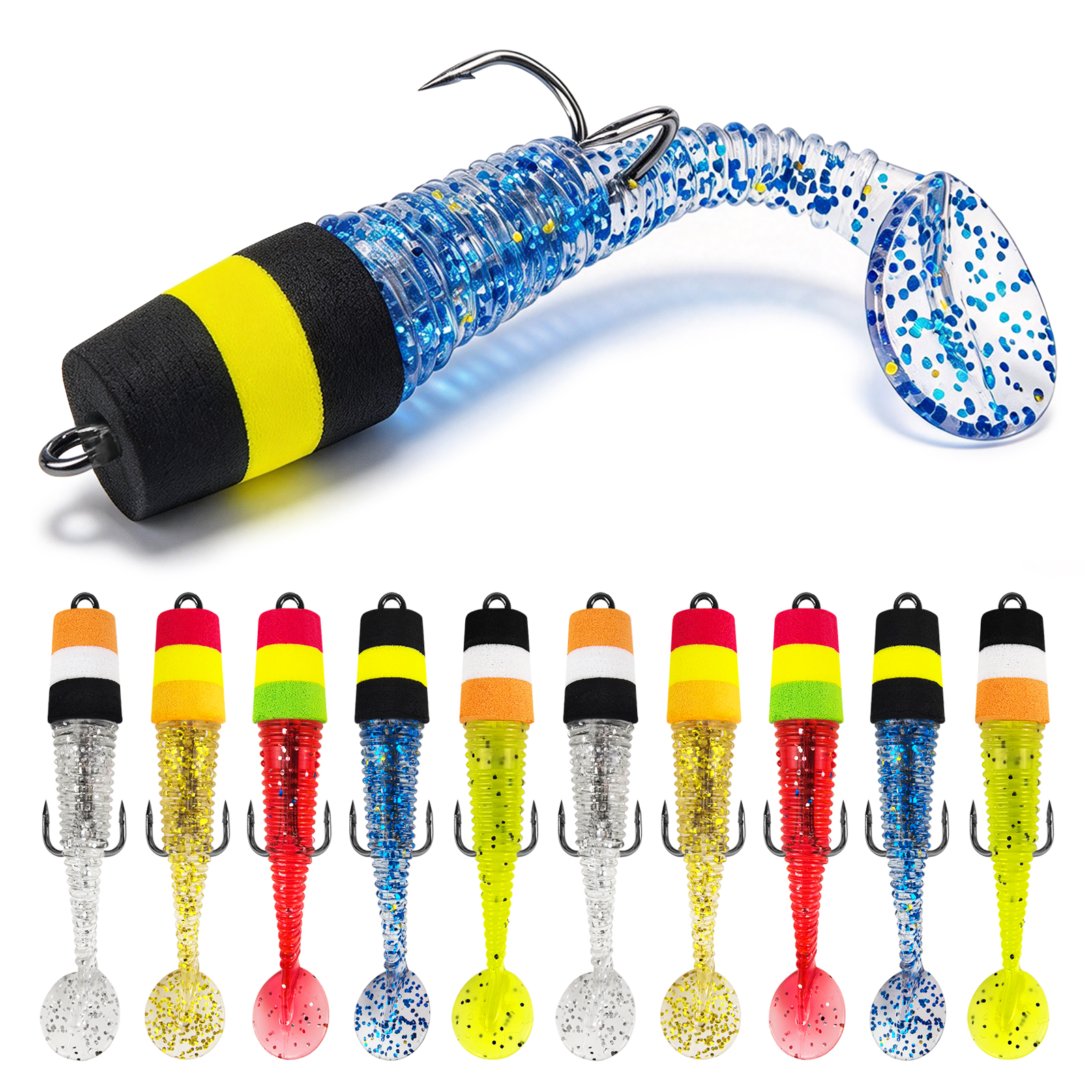 FREE FISHER 10pcs/Lot Pre-Rigged Soft Jig Lures,Foam Head T-Tail Swimbaits,7.8cm 2.7g Threaded Body Double Hook Fishing Lures