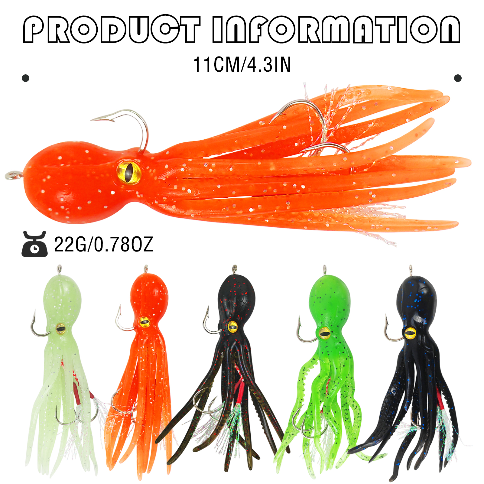 FREE FISHER Fishing Octopus Lures,11cm 22g Squid Skirts Baits Jig Head Hook,Sea Fishing Cuttlefish Baits,Artificial Trolling Swimbaits(Pack of 5)