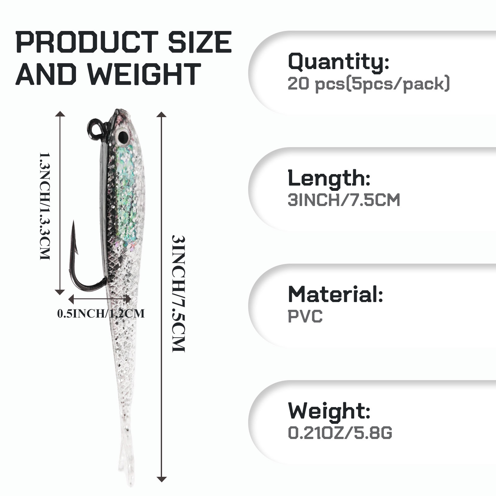 FREE FISHER Fishing Soft Lure with Jig Hook,20pcs Forked Tail Swimbait,Freshwater Saltwater Fishing Bait,3in 0.2oz Weedless Lure 