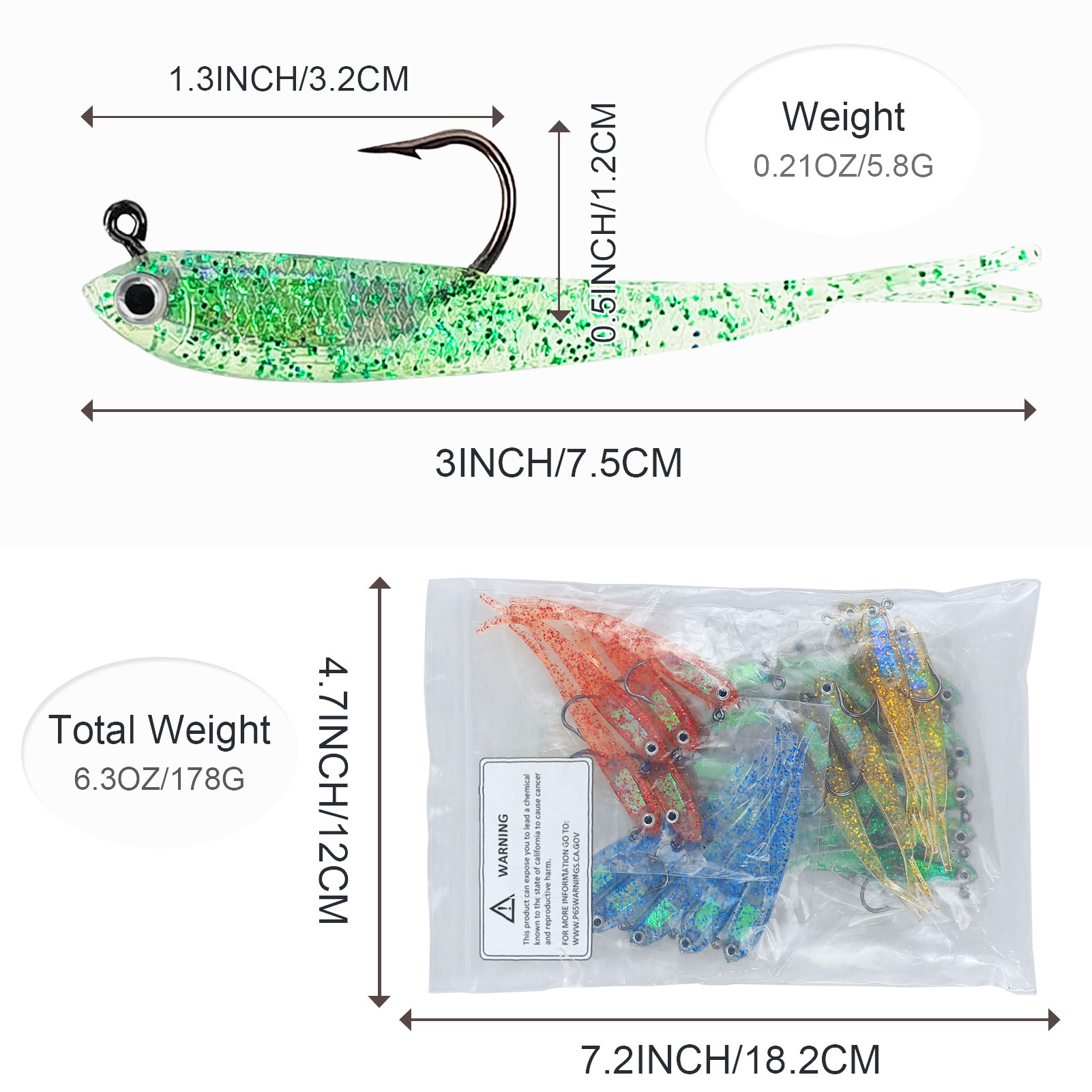 FREE FISHER Fishing Soft Lure with Jig Hook,Forked Tail Swimbait,Freshwater Saltwater Fishing Bait,3in 0.2oz/7.5cm 5.8g Weedless Lure 