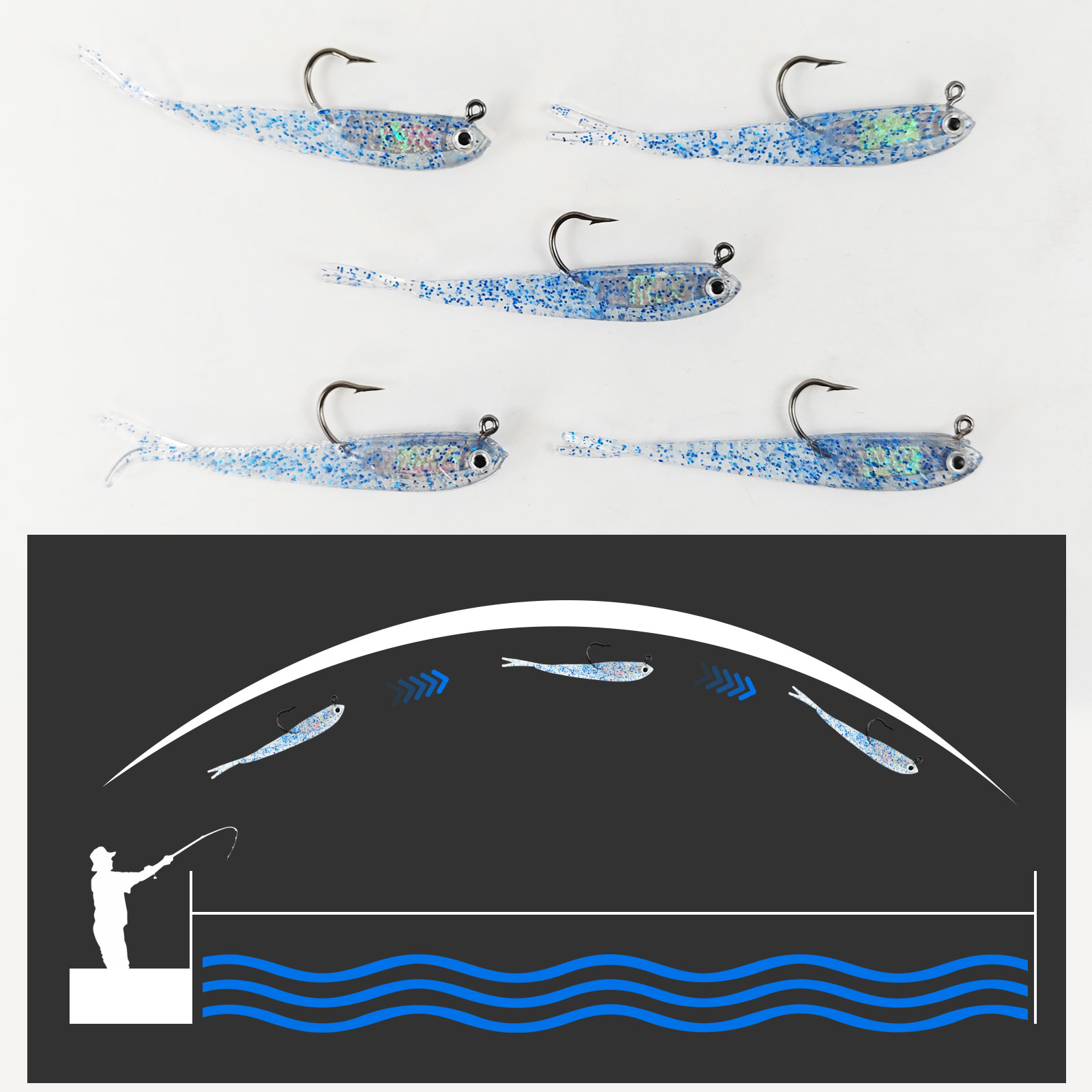 FREE FISHER Fishing Soft Lure with Jig Hook,Forked Tail Swimbait,Freshwater Saltwater Fishing Bait,3in 0.2oz/7.5cm 5.8g Weedless Lure 