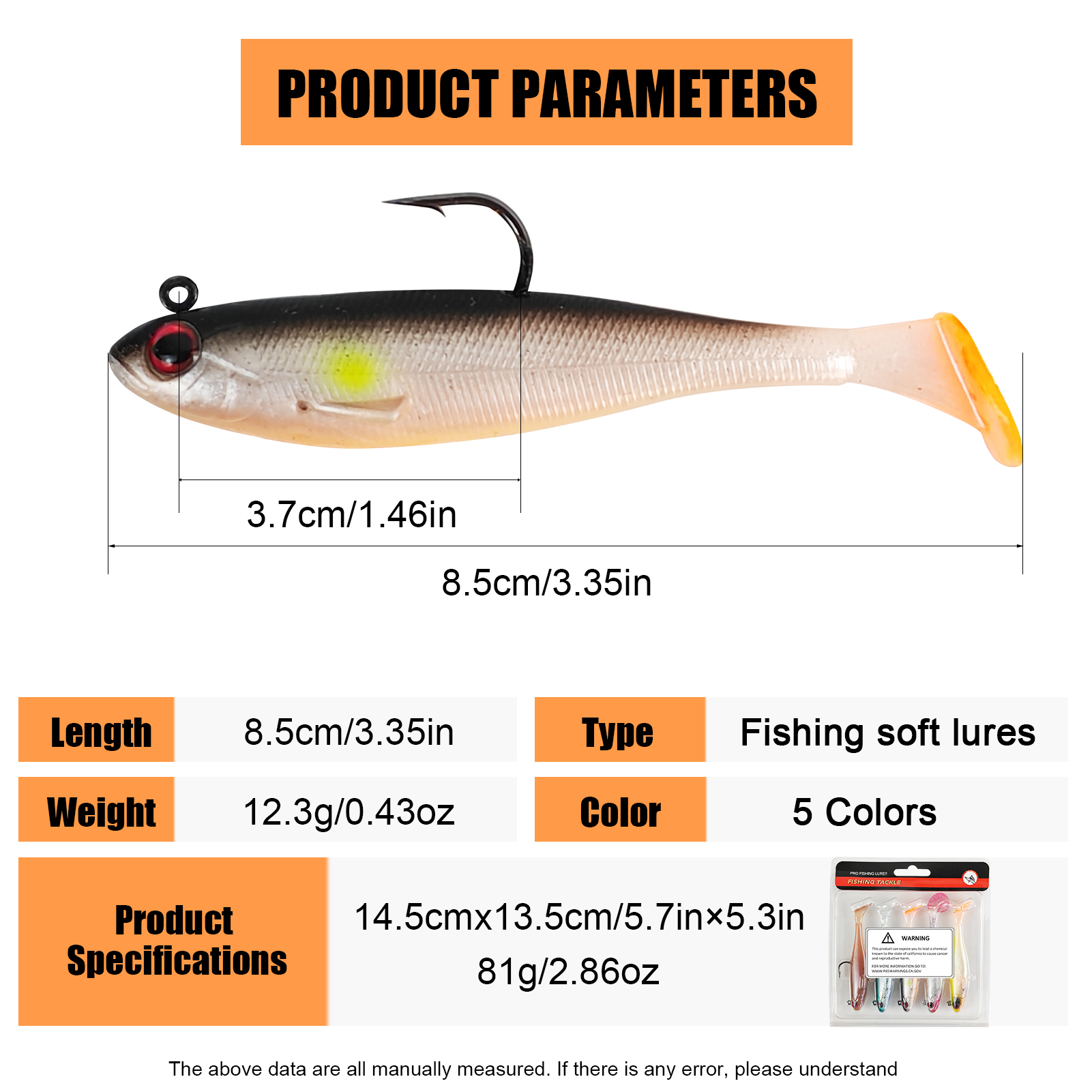 FREE FISHER 5pc Soft Fishing Lures Paddle Swimbait,8.5cm/12.3g Fishing Jig Head Hook Artificial Baits,Pre-Rigged T-tail Wobblers