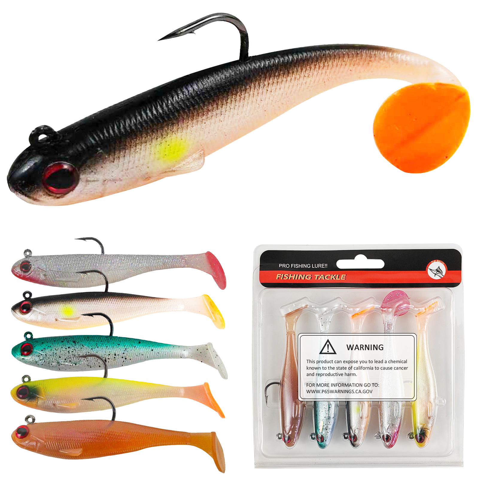 FREE FISHER 5pc Soft Fishing Lures Paddle Swimbait,8.5cm/12.3g Fishing Jig Head Hook Artificial Baits,Pre-Rigged T-tail Wobblers