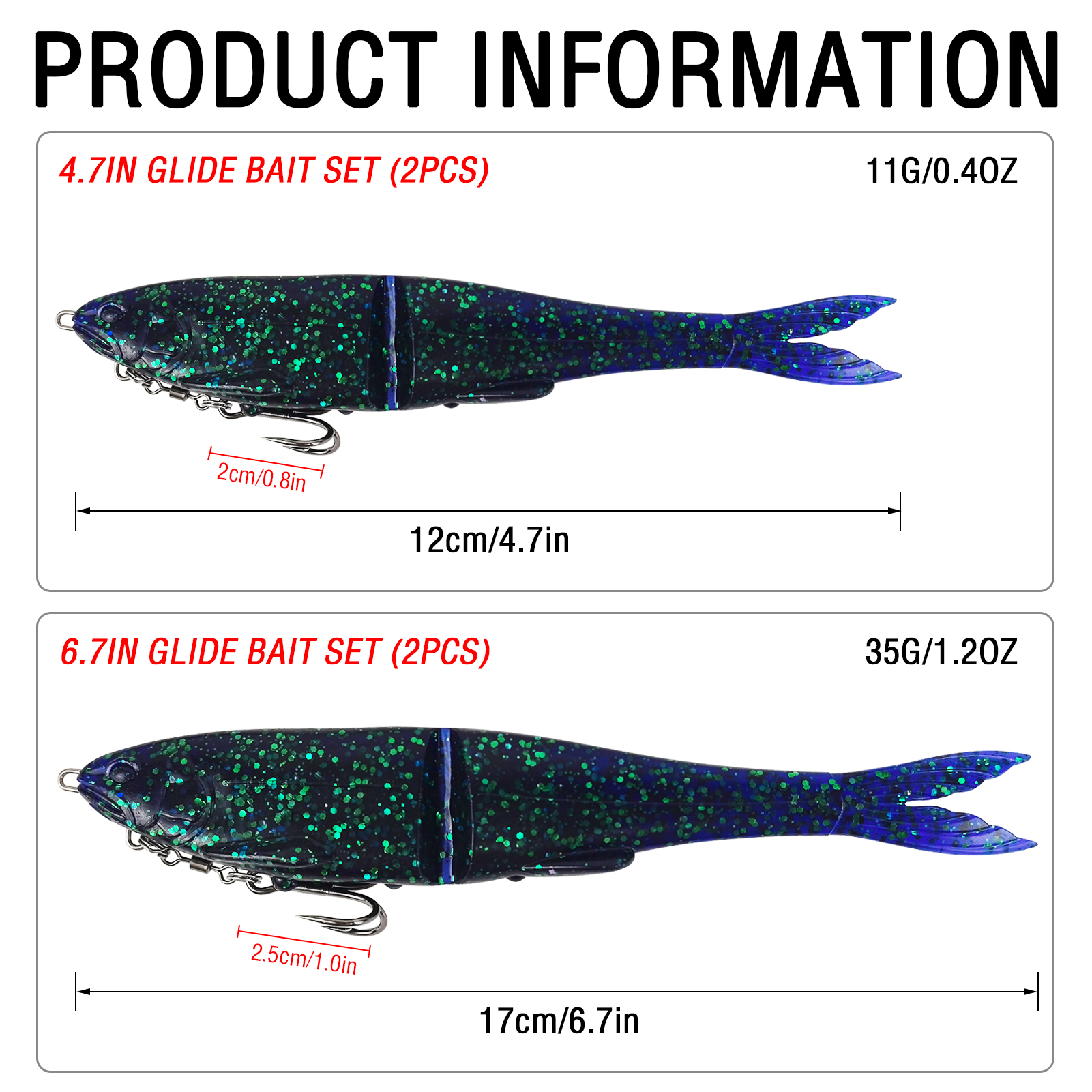 FREE FISHER 2pcs/Lot Soft Glide Baits,Bass Fishing 12cm 11g/17cm 35g Lures with Hook,3D Fisheyes Jointed Swimbaits for Saltwater 