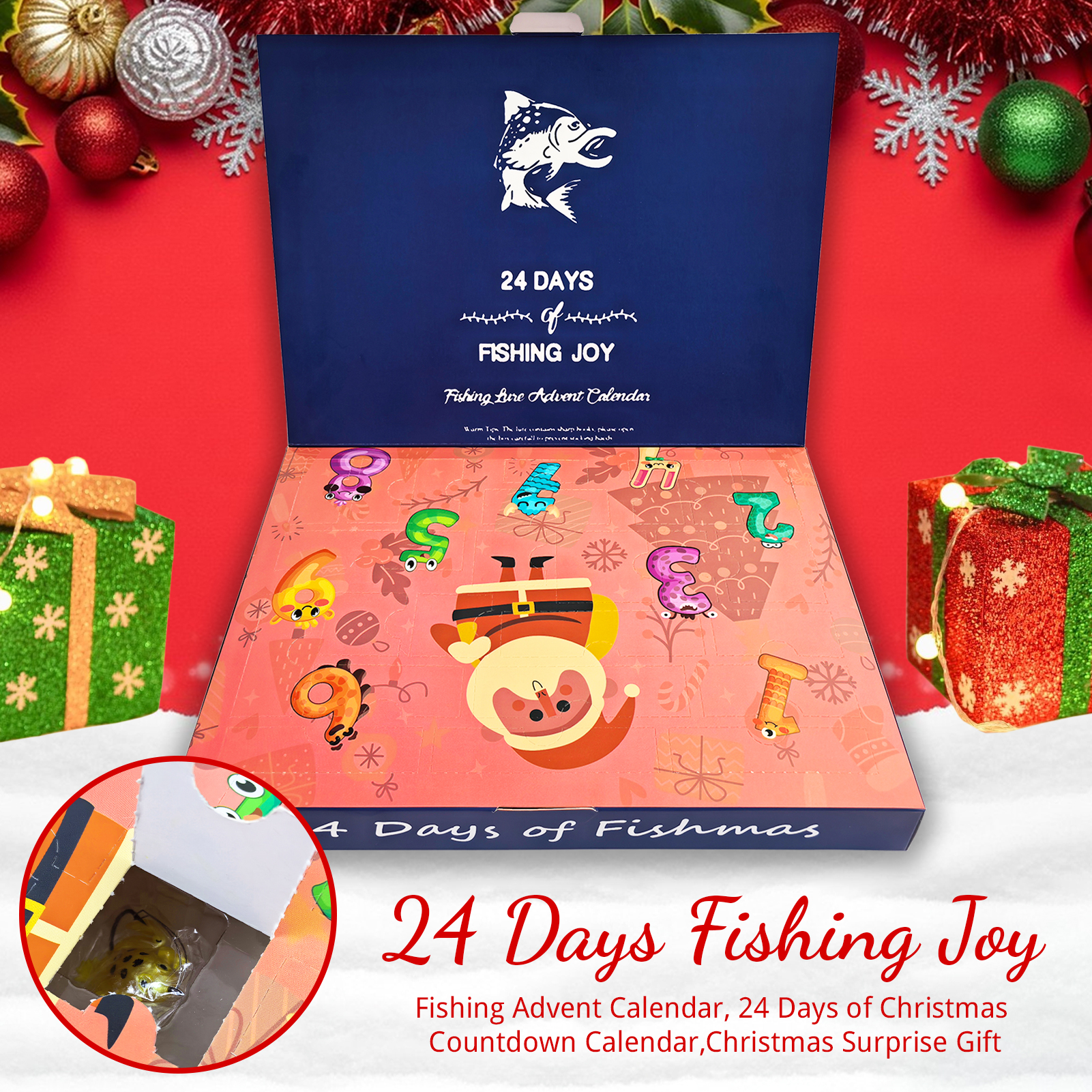 FREE FISHER 24pcs/Lot Xmas Mixed Fishing Lures Kit,Popper Minnow Crankbaits,Metal Spoons,Soft Shrimps Frog,Sinking VIB Lures Box