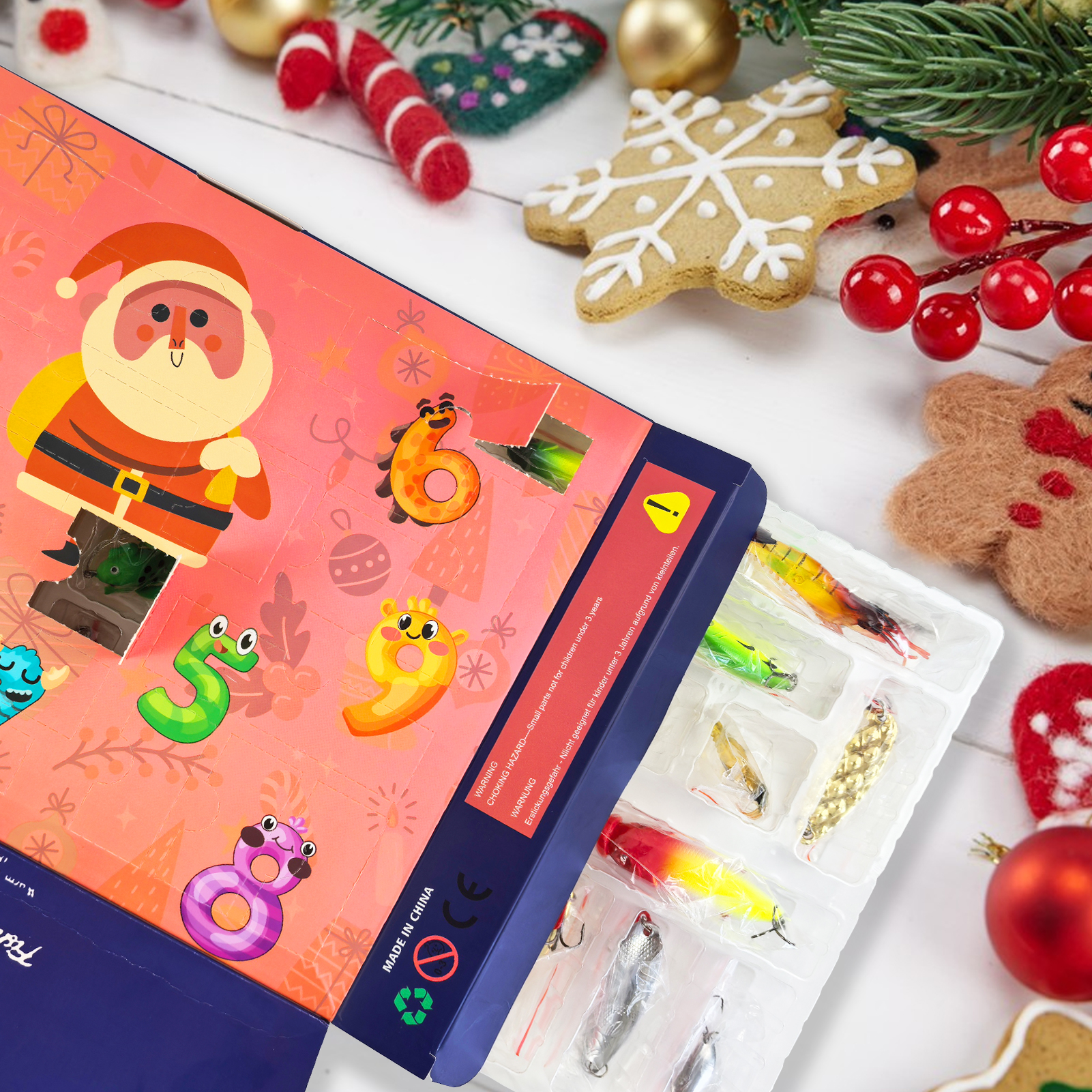 FREE FISHER 24pcs/Lot Xmas Mixed Fishing Lures Kit,Popper Minnow Crankbaits,Metal Spoons,Soft Shrimps Frog,Sinking VIB Lures Box