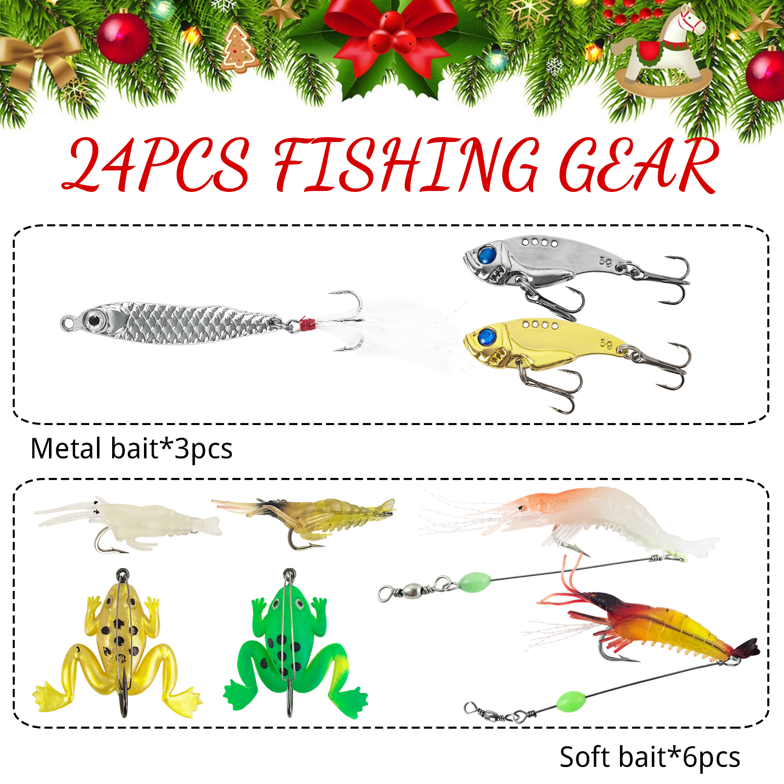 FREE FISHER 24pcs/Lot Xmas Mixed Fishing Lures Kit,Popper Minnow Crankbaits,Metal Spoons,Soft Shrimps Frog,Sinking VIB Lures Box