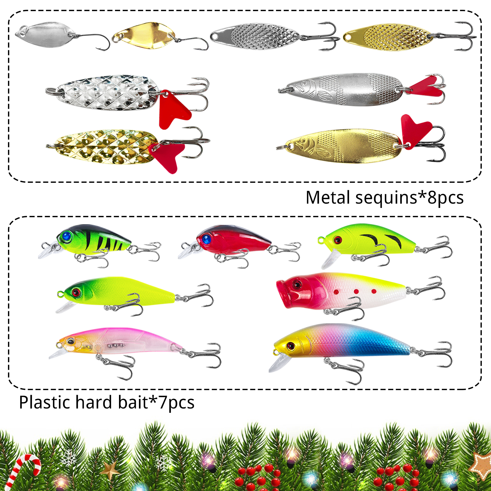 FREE FISHER 24pcs/Lot Xmas Mixed Fishing Lures Kit,Popper Minnow Crankbaits,Metal Spoons,Soft Shrimps Frog,Sinking VIB Lures Box