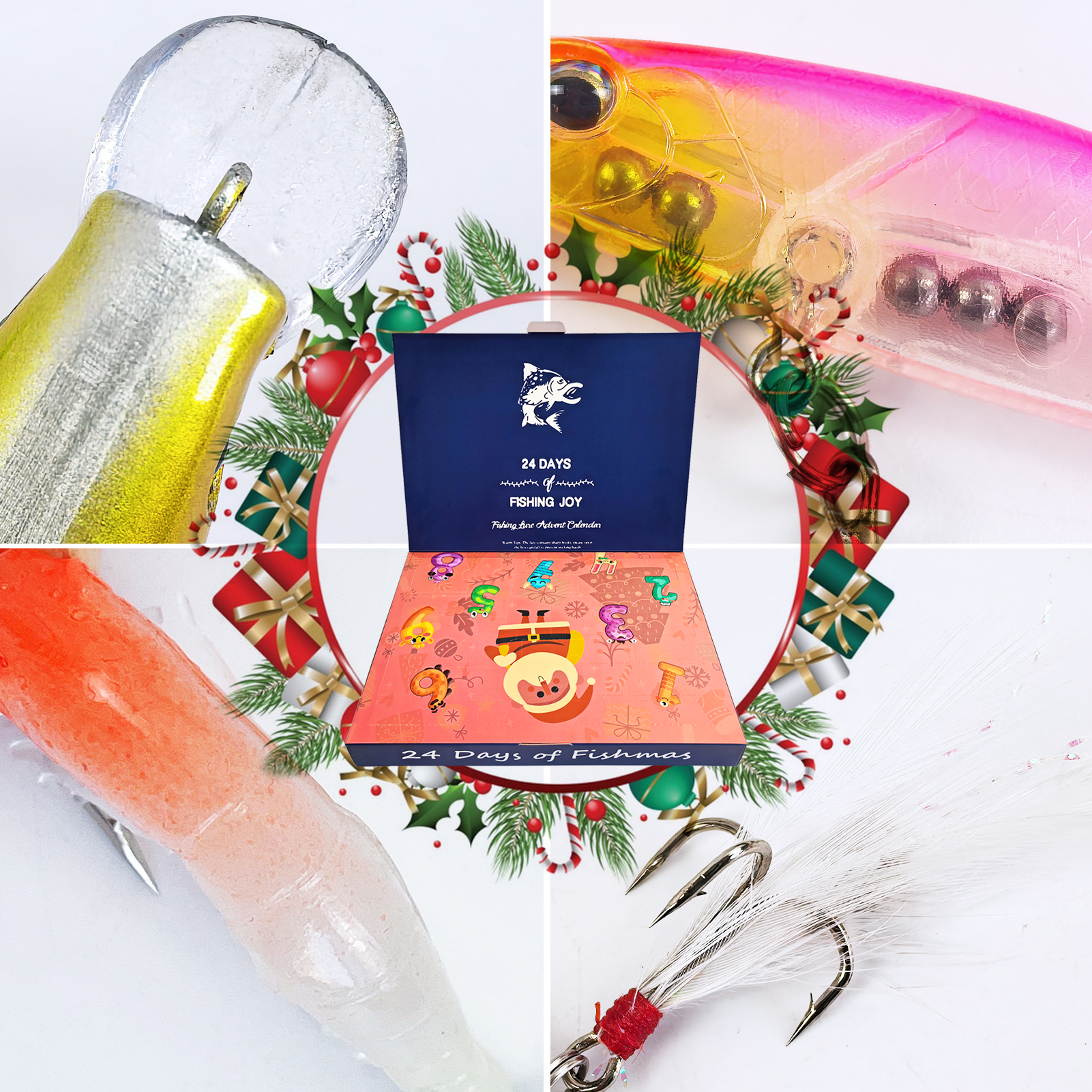 FREE FISHER 24pcs/Lot Xmas Mixed Fishing Lures Kit,Popper Minnow Crankbaits,Metal Spoons,Soft Shrimps Frog,Sinking VIB Lures Box