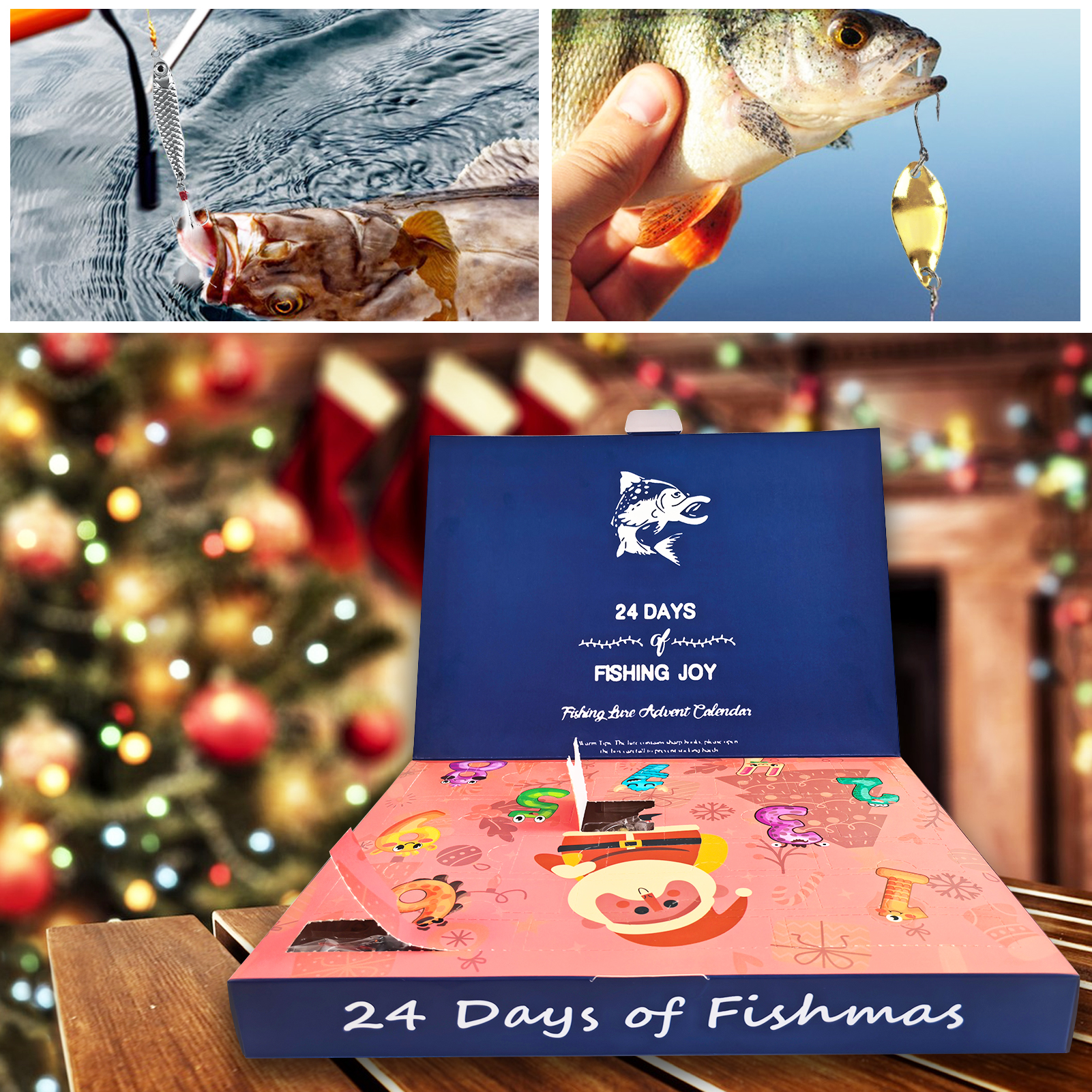 FREE FISHER 24pcs/Lot Xmas Mixed Fishing Lures Kit,Popper Minnow Crankbaits,Metal Spoons,Soft Shrimps Frog,Sinking VIB Lures Box