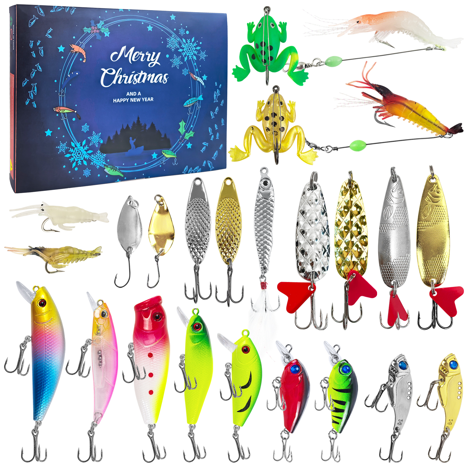 FREE FISHER 24pcs/Lot Xmas Mixed Fishing Lures Kit,Popper Minnow Crankbaits,Metal Spoons,Soft Shrimps Frog,Sinking VIB Lures Box
