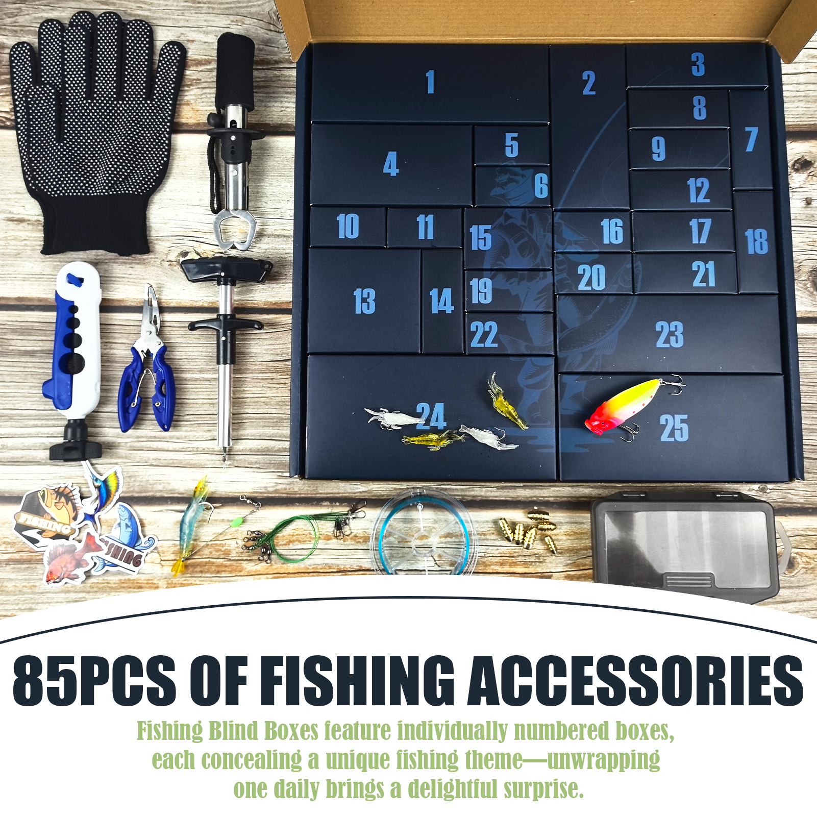 FREE FISHER 85pcs/Box Fishing Tackle Gift Box,Mixed Lures Hooks,Fishing Gripper Pliers,Hooks Swivels,Floats Line Accessories Kit