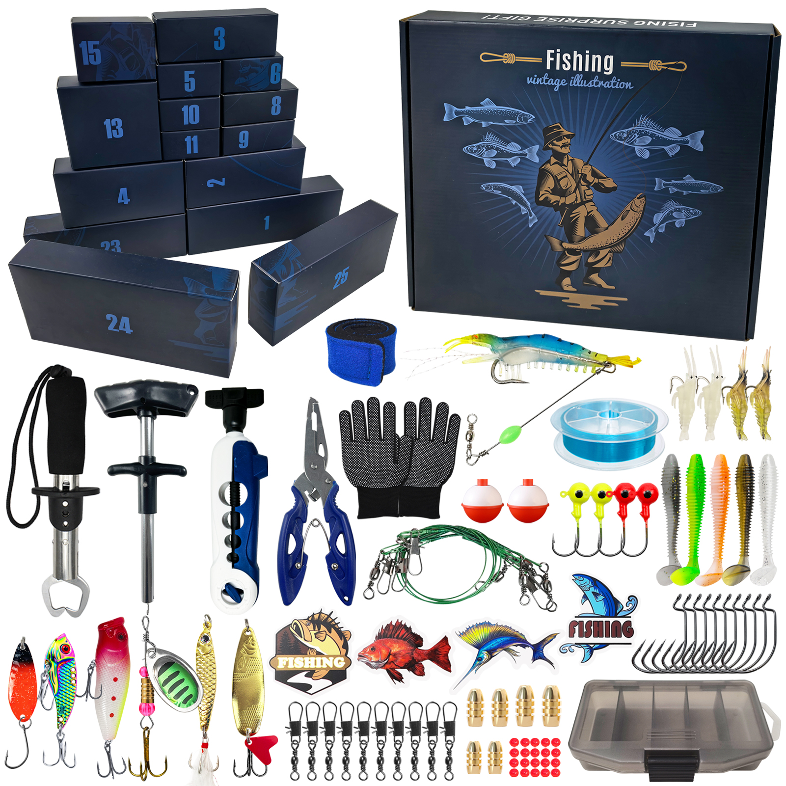 FREE FISHER 85pcs/Box Fishing Tackle Gift Box,Mixed Lures Hooks,Fishing Gripper Pliers,Hooks Swivels,Floats Line Accessories Kit