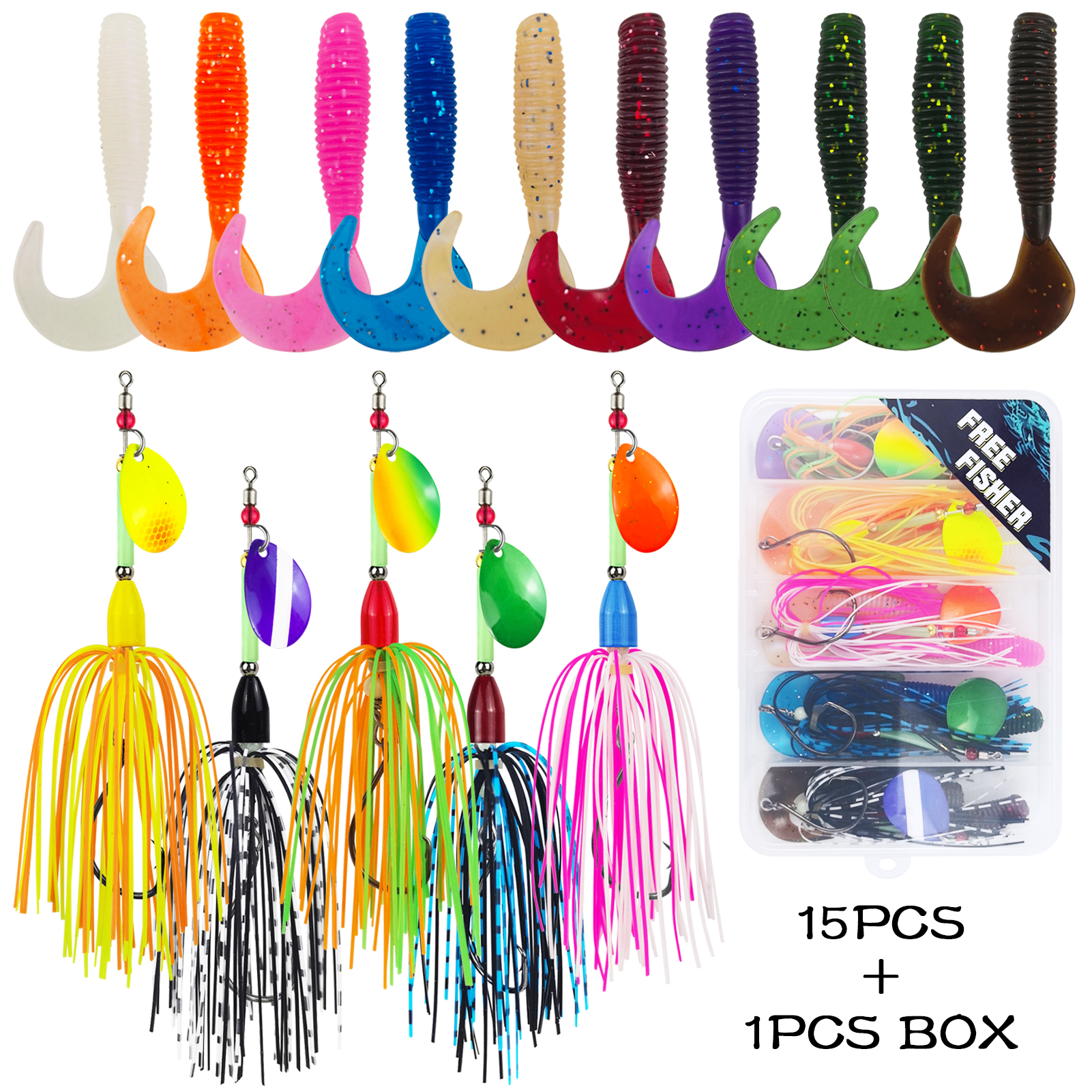 FREE FISHRE 15pcs/Box Fishing Spinnerbaits with Worm Lures,11cm 9g Skirts Inline Spinners,6.8cm 3.5g Soft Curly-Tail Grub Baits 