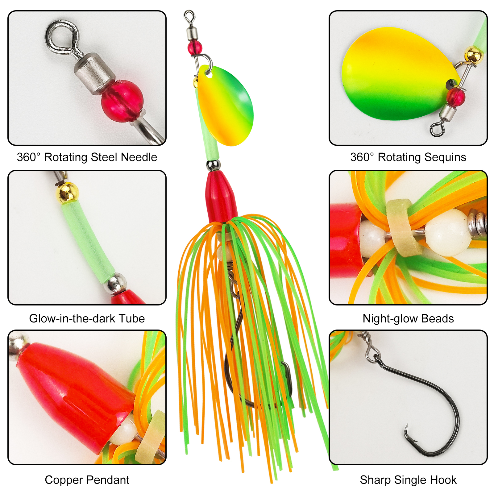 FREE FISHRE 15pcs/Box Fishing Spinnerbaits with Worm Lures,11cm 9g Skirts Inline Spinners,6.8cm 3.5g Soft Curly-Tail Grub Baits 