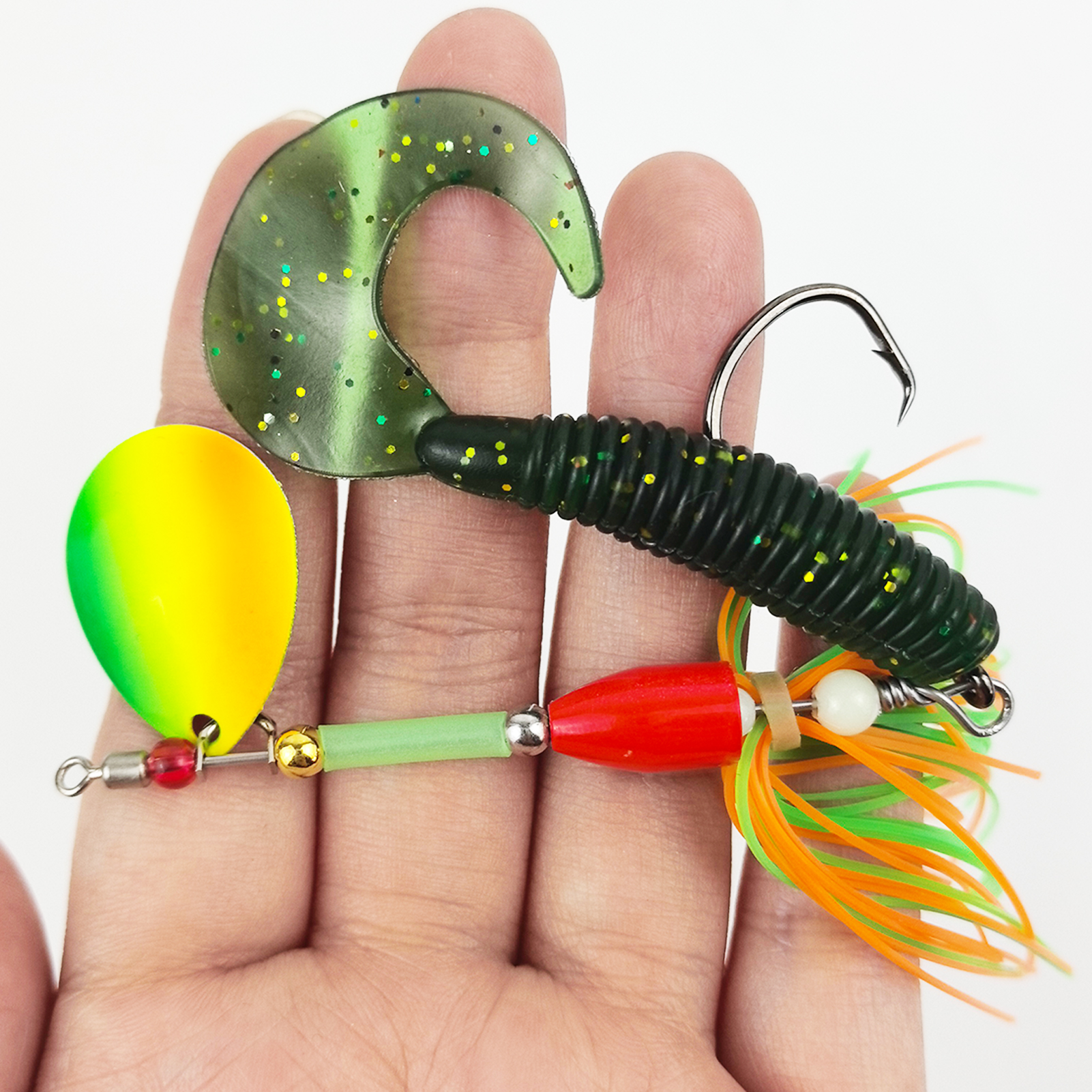 FREE FISHRE 15pcs/Box Fishing Spinnerbaits with Worm Lures,11cm 9g Skirts Inline Spinners,6.8cm 3.5g Soft Curly-Tail Grub Baits 