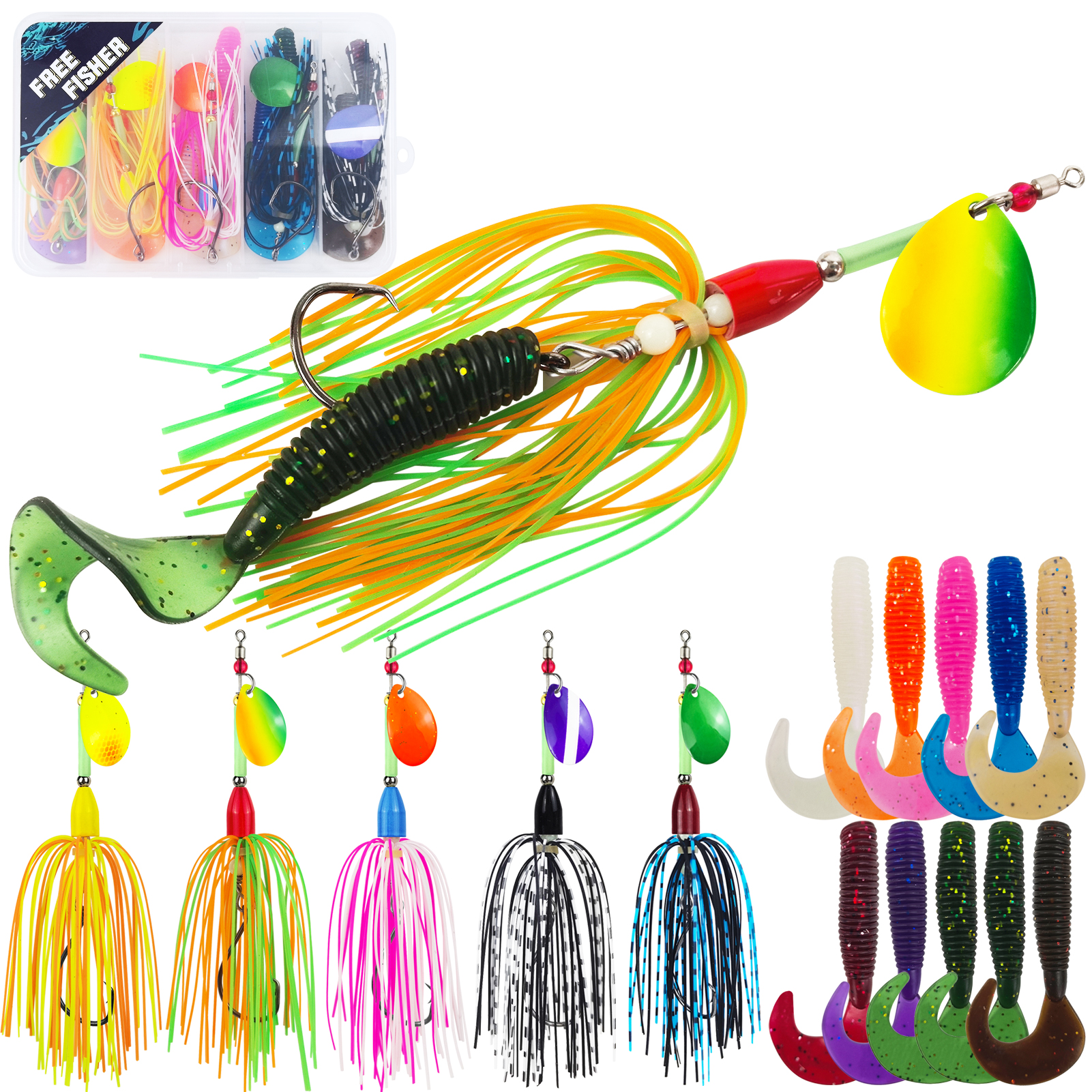 FREE FISHRE 15pcs/Box Fishing Spinnerbaits with Worm Lures,11cm 9g Skirts Inline Spinners,6.8cm 3.5g Soft Curly-Tail Grub Baits 