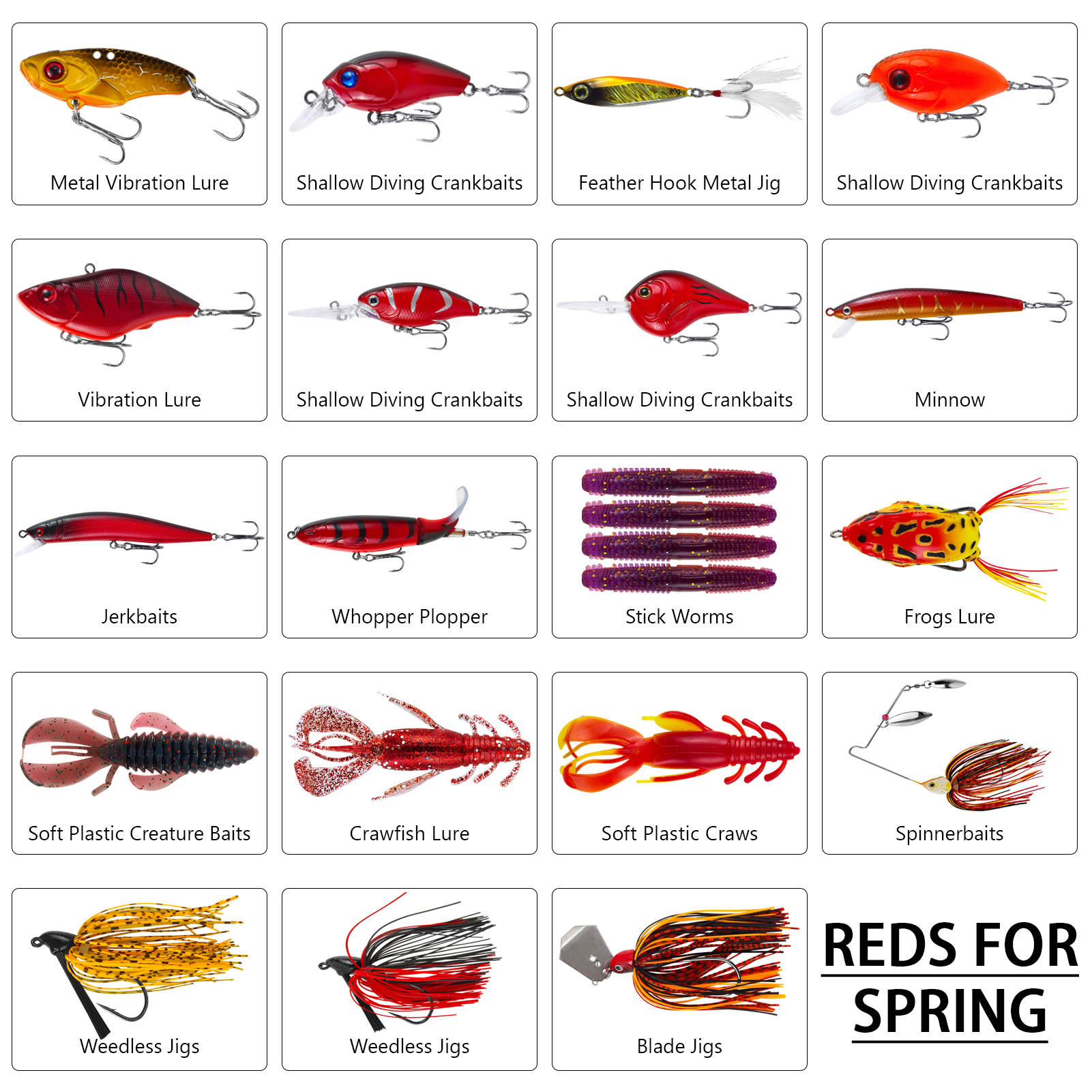 FREE FISHER Reds for Spring,Fishing Quality Lures Kit,22pcs/Box Crankbaits Soft Worm,Blade Spinnerbaits,Frogs Jig Head Buzz Bait 